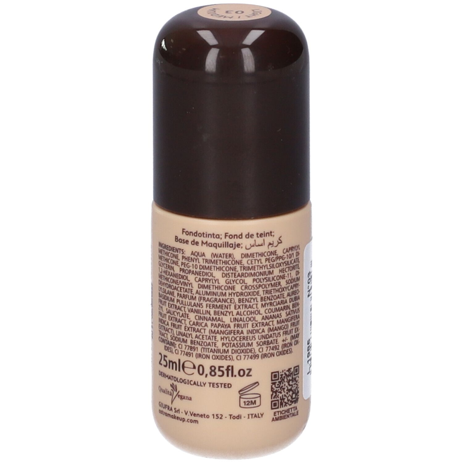 Flacone beige con tappo marrone. Scritta: ingredienti, 25ml, dermatologicamente testato.
