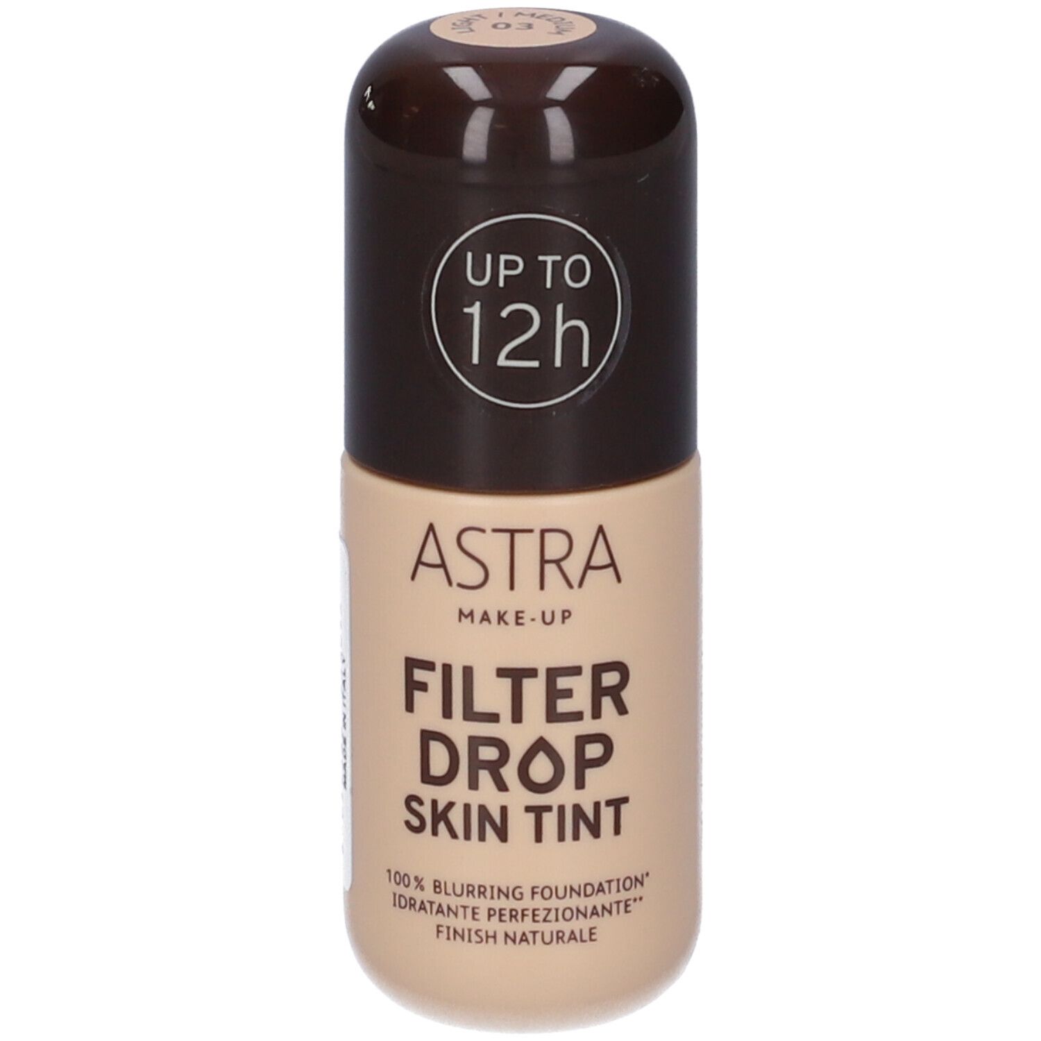 Flacone beige con tappo marrone. Scritta: ASTRA MAKE-UP, FILTER DROP SKIN TINT. Fino a 12 ore.