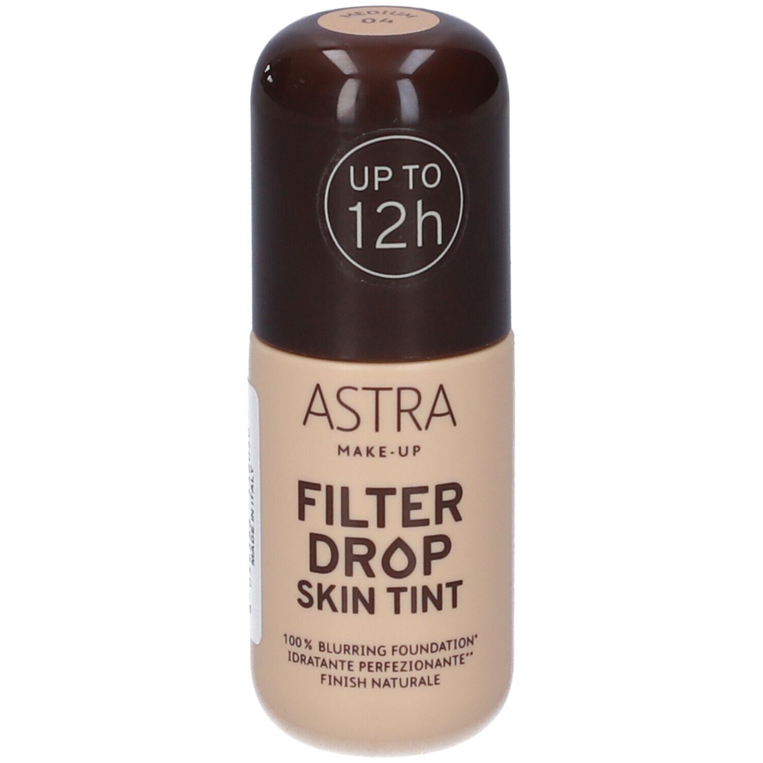 Astra Make-up Filter Drop Skin Tint. Flacone con tappo marrone. Scritto: fino a 12 ore. Tonalità 04 Medium.