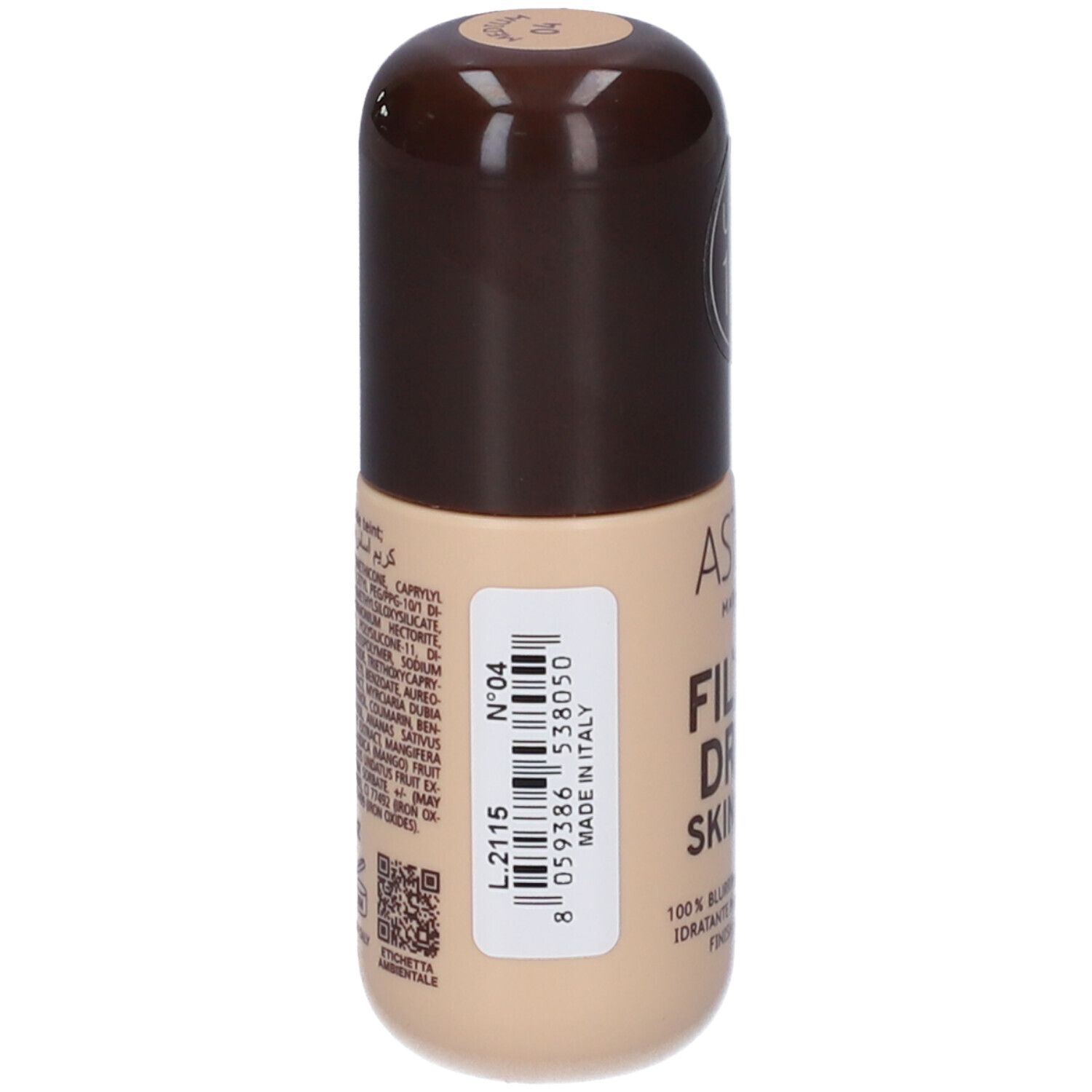 Astra Make-up Filter Drop Skin Tint. Flacone con tappo marrone. Scritto: fino a 12 ore. Tonalità 04 Medium. Retro con ingredienti.