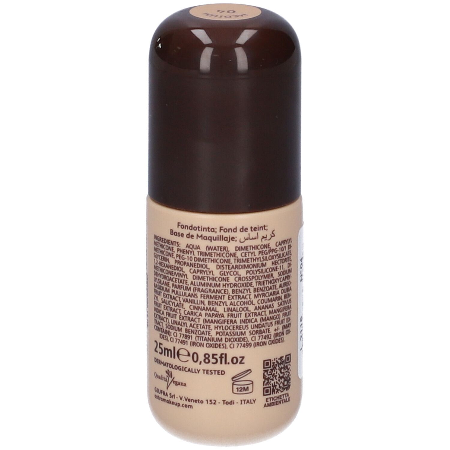 Astra Make-up Filter Drop Skin Tint. Flacone con tappo marrone. Scritto: fino a 12 ore. Tonalità 04 Medium. Retro con ingredienti.