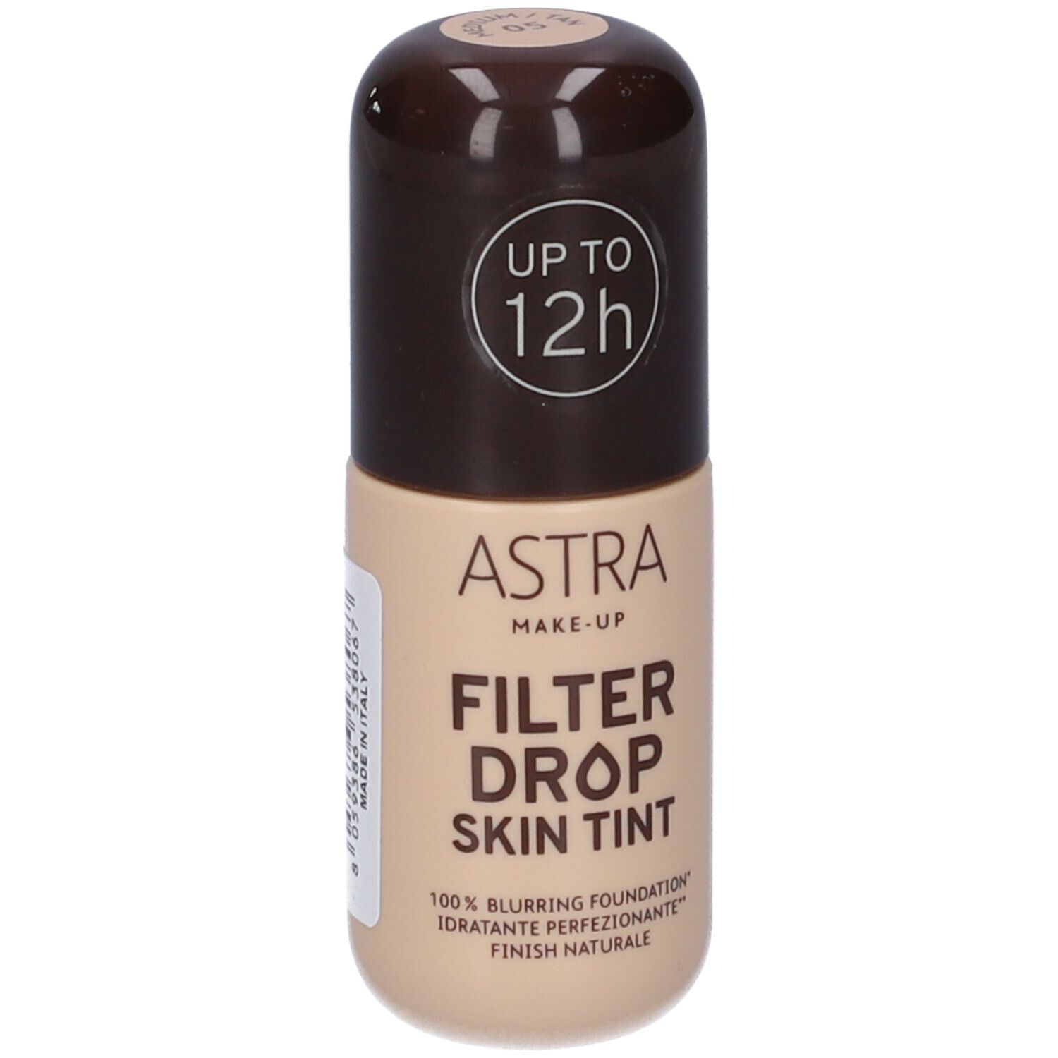 Flacone beige con tappo marrone. Scritta: ASTRA MAKE-UP FILTER DROP SKIN TINT. Con scritta 'UP TO 12h'.