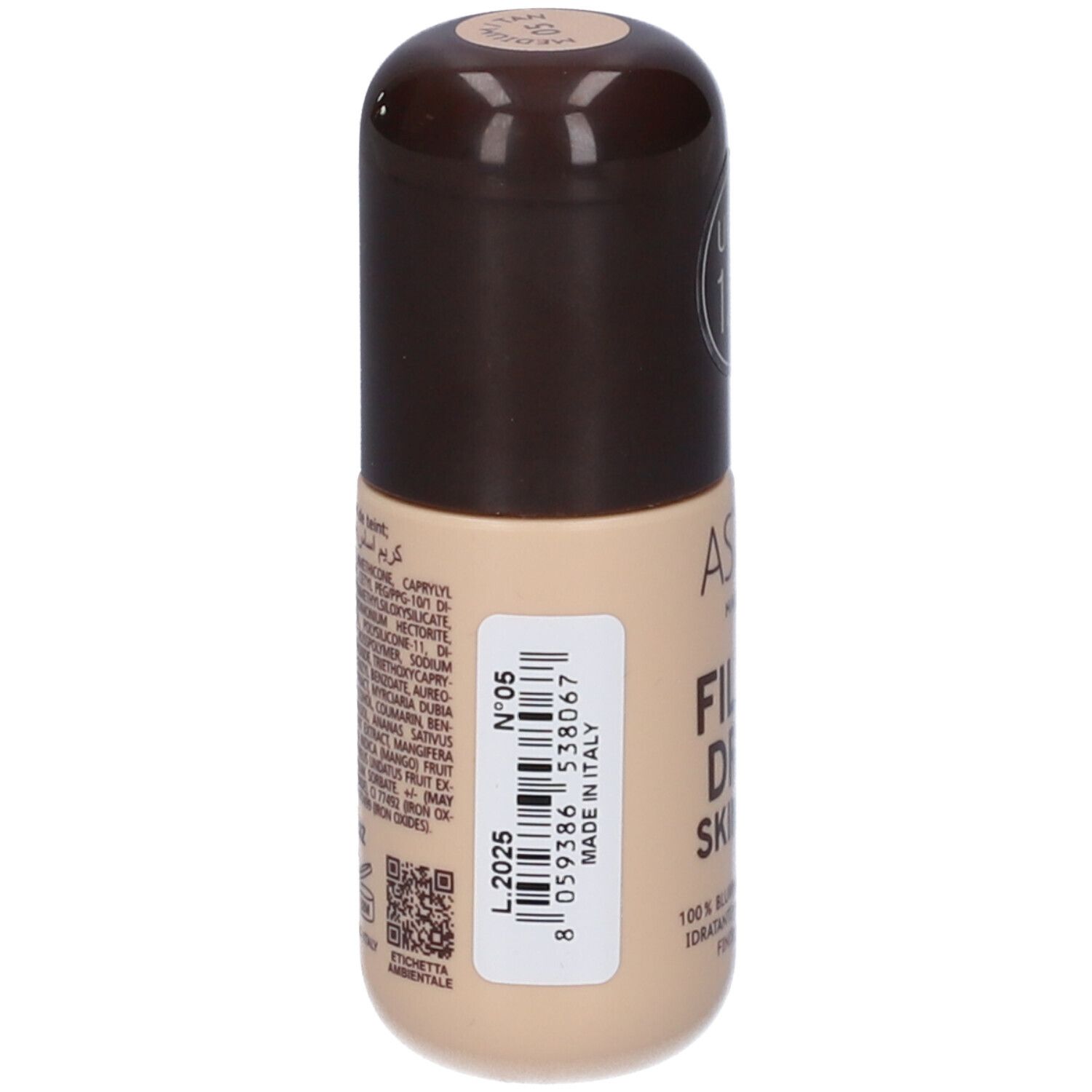 Flacone beige con tappo marrone. Scritta: ASTRA MAKE-UP FILTER DROP SKIN TINT. Con codice a barre e ingredienti.