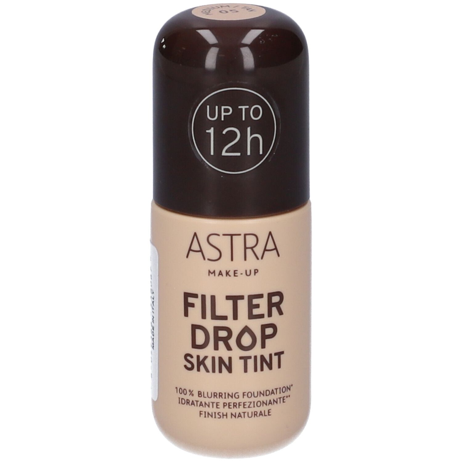 Flacone beige con tappo marrone. Scritta: ASTRA MAKE-UP FILTER DROP SKIN TINT. Con scritta 'UP TO 12h'.