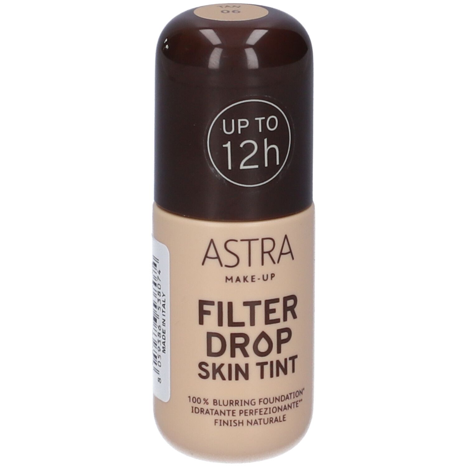 Flacone Astra Make-up Filter Drop Skin Tint, tonalità 06 Tan. Tappo marrone, flacone beige. Testo: fino a 12 ore.