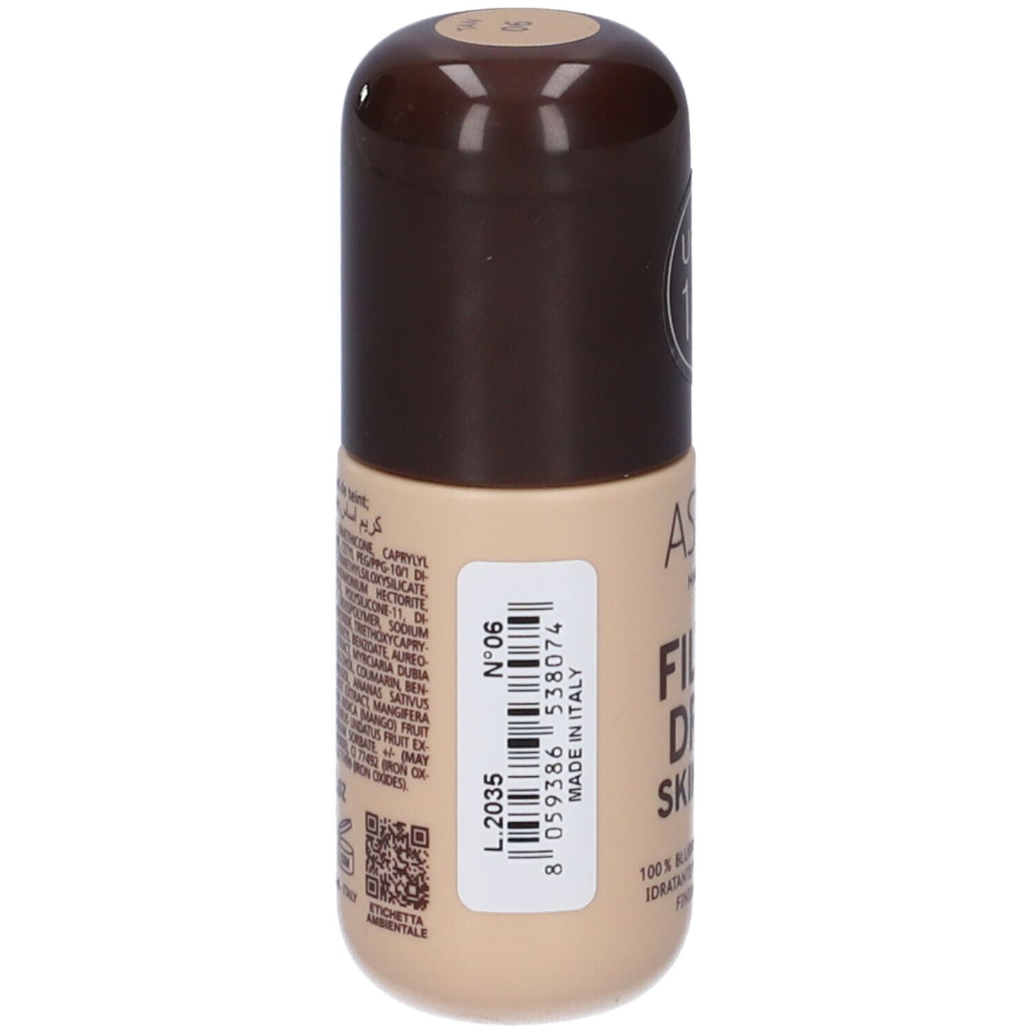 Flacone Astra Make-up Filter Drop Skin Tint, tonalità 06 Tan. Retro con ingredienti e codice a barre.