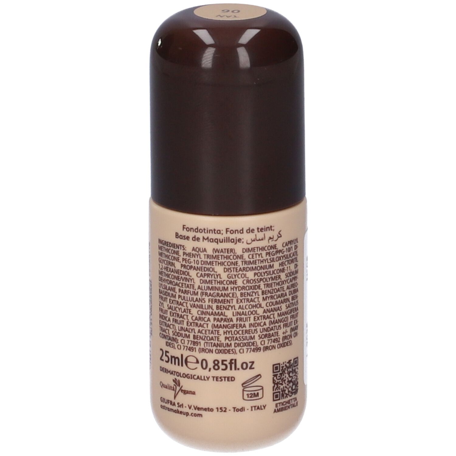 Flacone Astra Make-up Filter Drop Skin Tint, tonalità 06 Tan. Retro con ingredienti e testo.