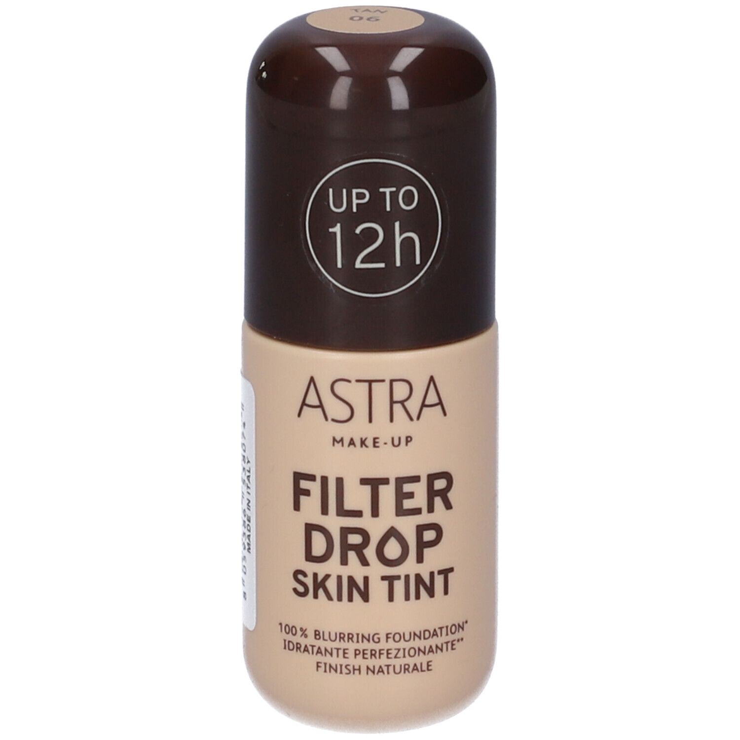 Flacone Astra Make-up Filter Drop Skin Tint, tonalità 06 Tan. Tappo marrone, flacone beige. Testo: fino a 12 ore.