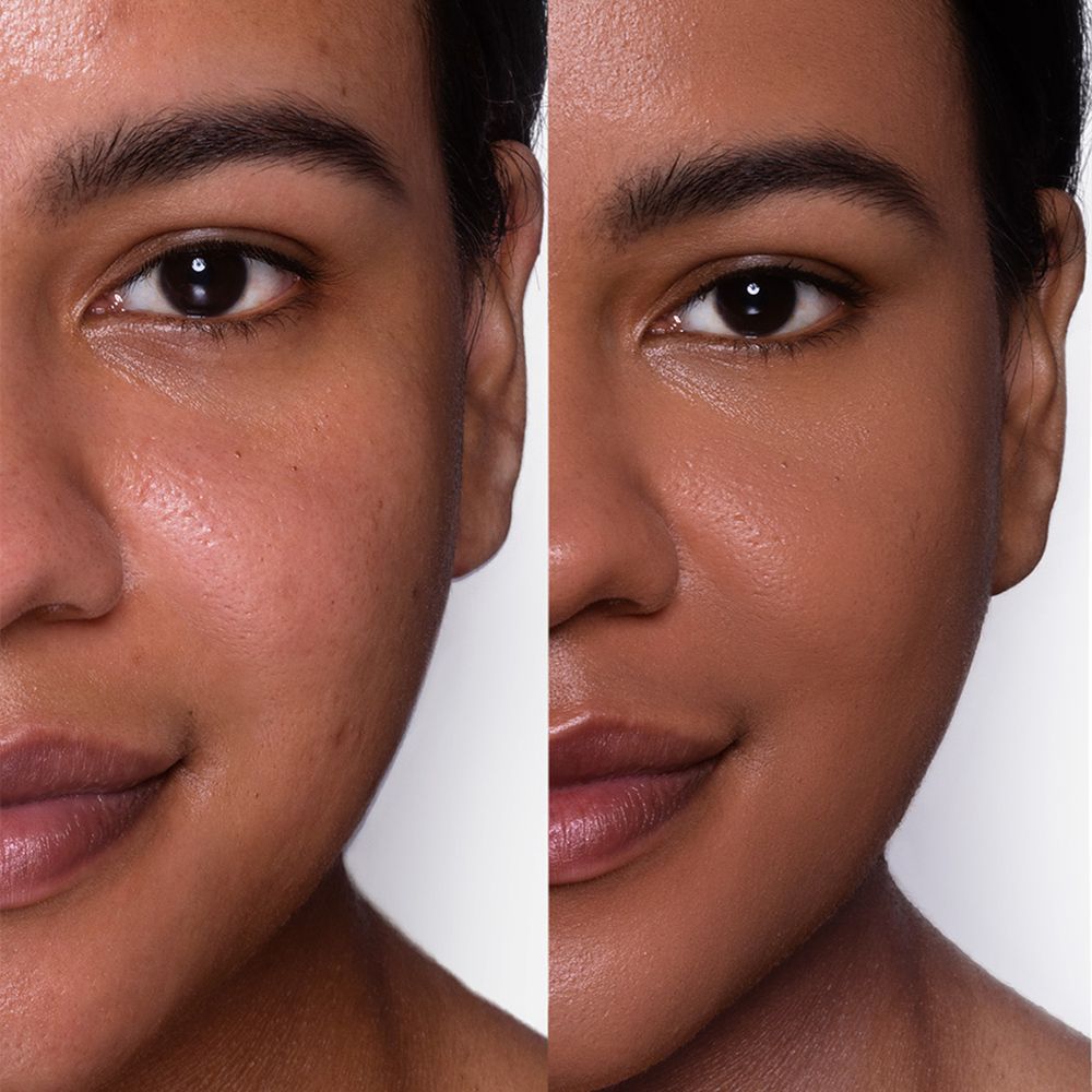 Metà viso con e senza trucco. Tonalità 06 Tan. Metà sinistra senza trucco, destra con trucco.