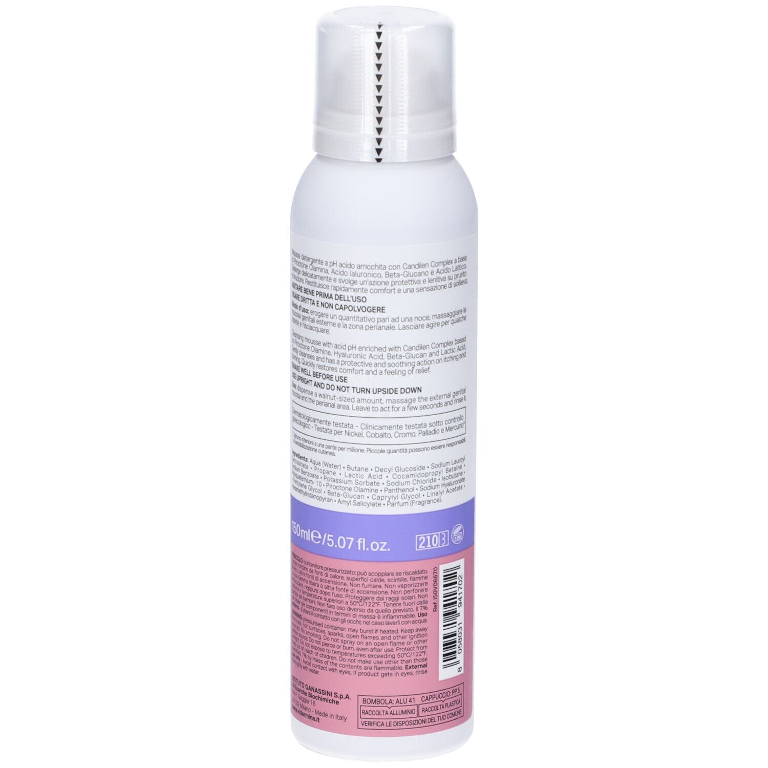 Vista posteriore del flacone. Testo multilingue. Scritta: 150ml/5.07 fl.oz.