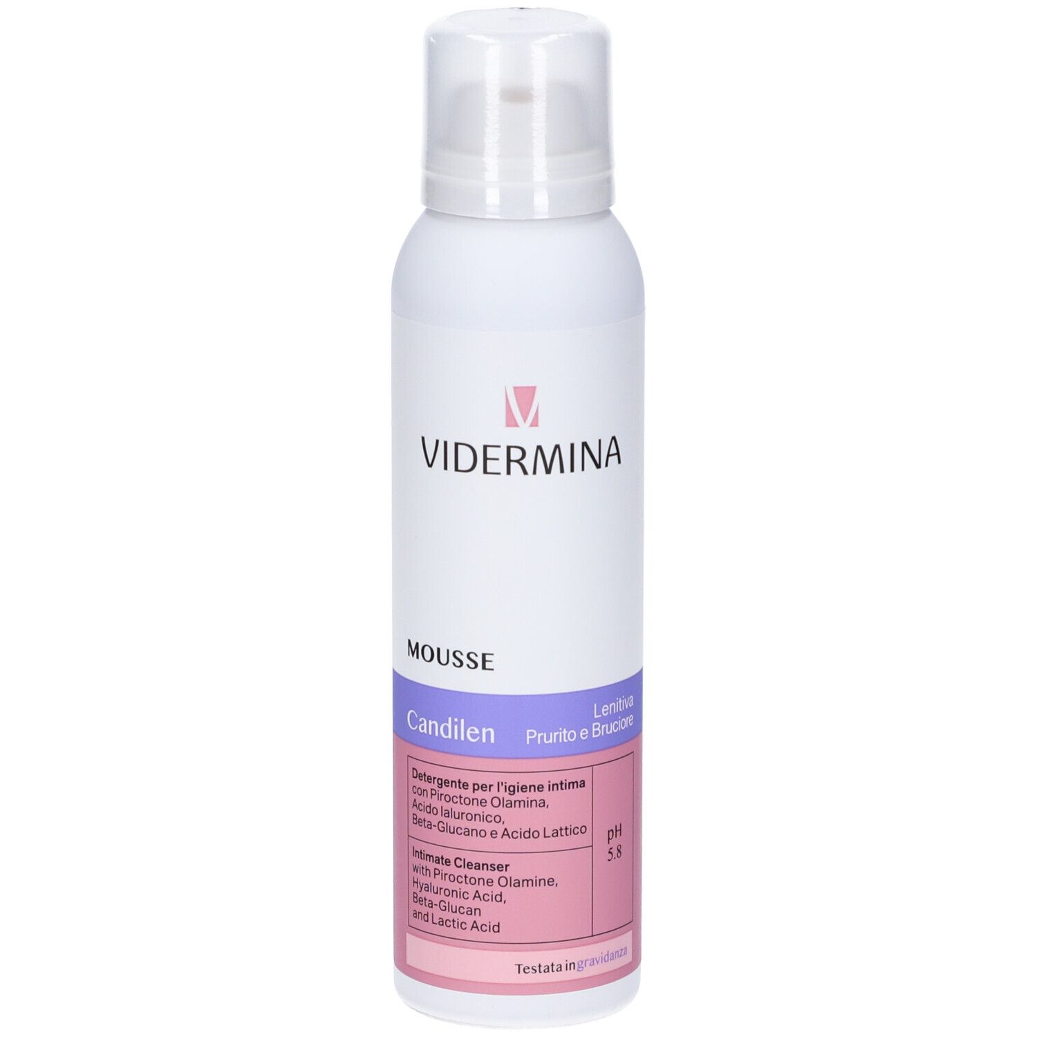 Flacone bianco con erogatore spray. Scritta: Vidermina, Mousse, Candilen. Etichetta rosa con informazioni prodotto.