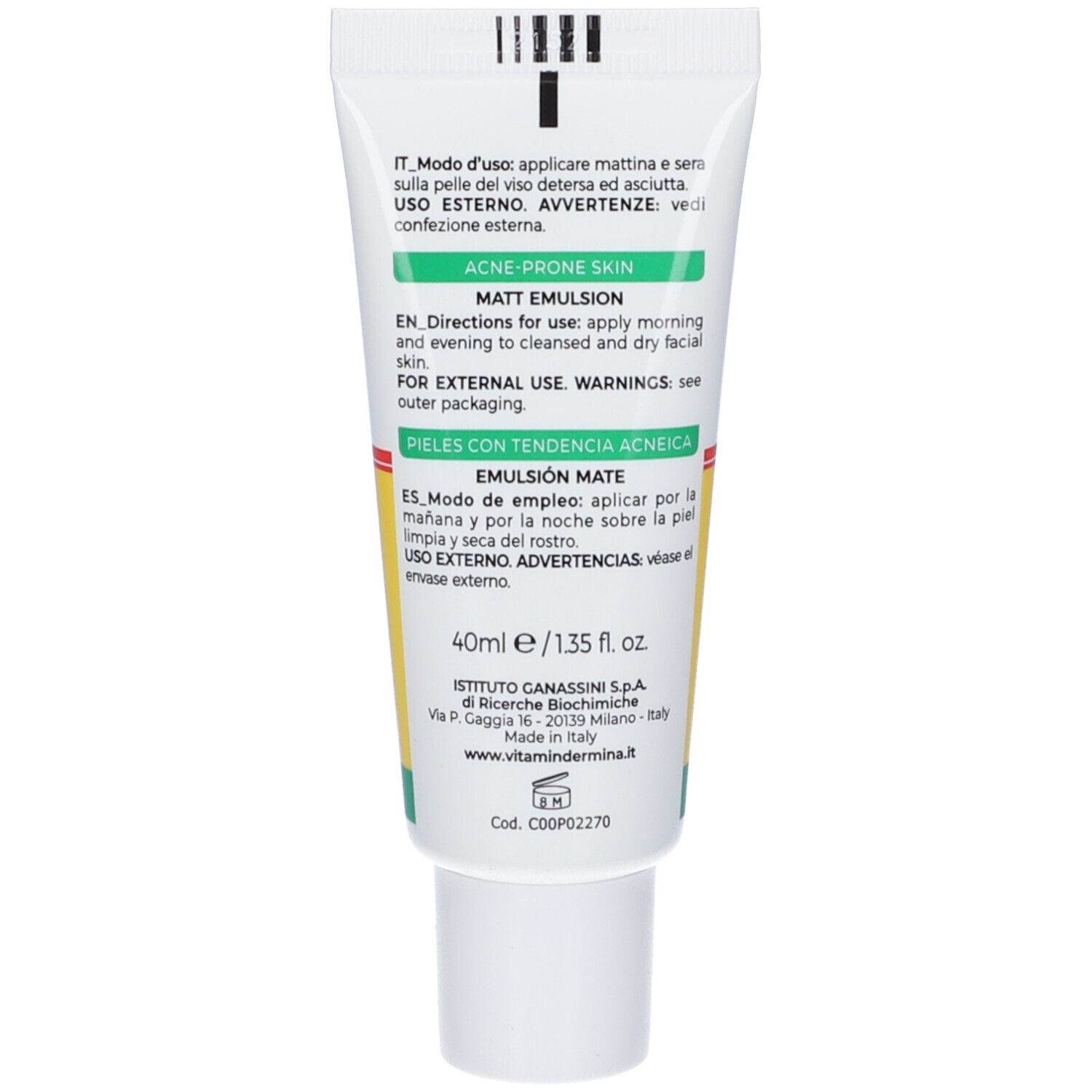 Retro del tubo. Testo multilingue. Contiene istruzioni e ingredienti. 40ml/1.35 fl. oz.