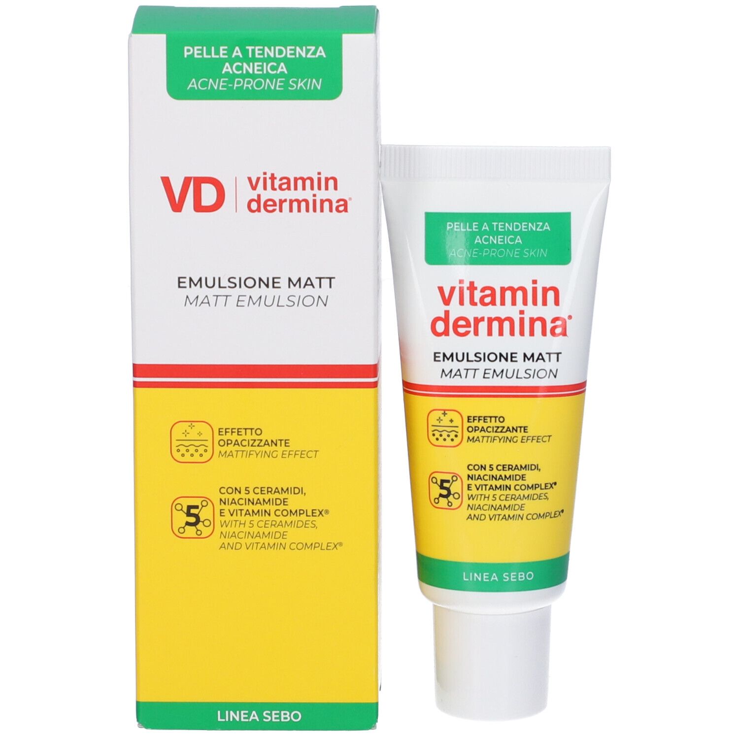 Confezione del prodotto con tubo. Scatola e tubo con nome e informazioni. Per pelli a tendenza acneica.