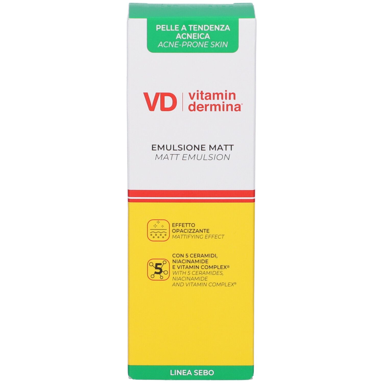 Confezione del prodotto. Scatola bianca con coperchio verde e fascia gialla. Nome e informazioni del prodotto.