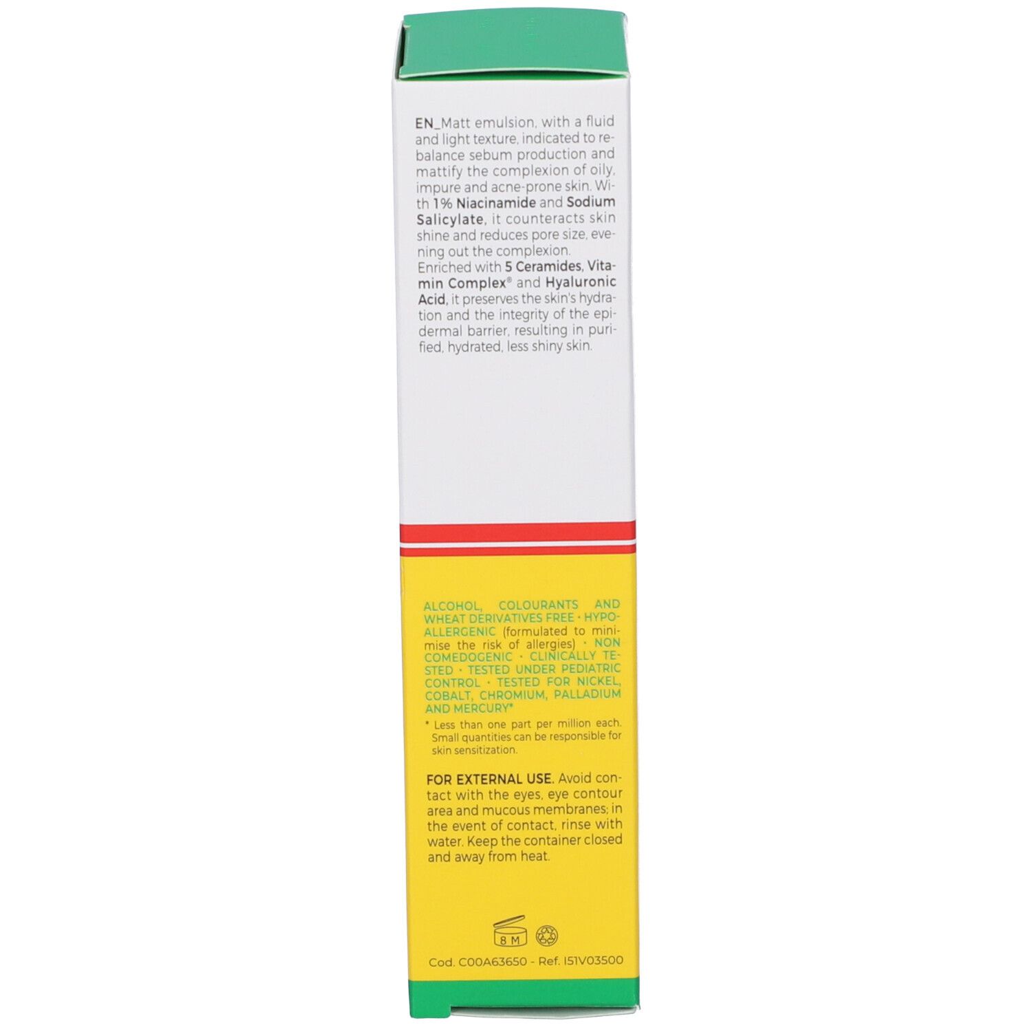 Retro della confezione del prodotto. Testo in inglese. Contiene informazioni sul prodotto e sugli ingredienti.