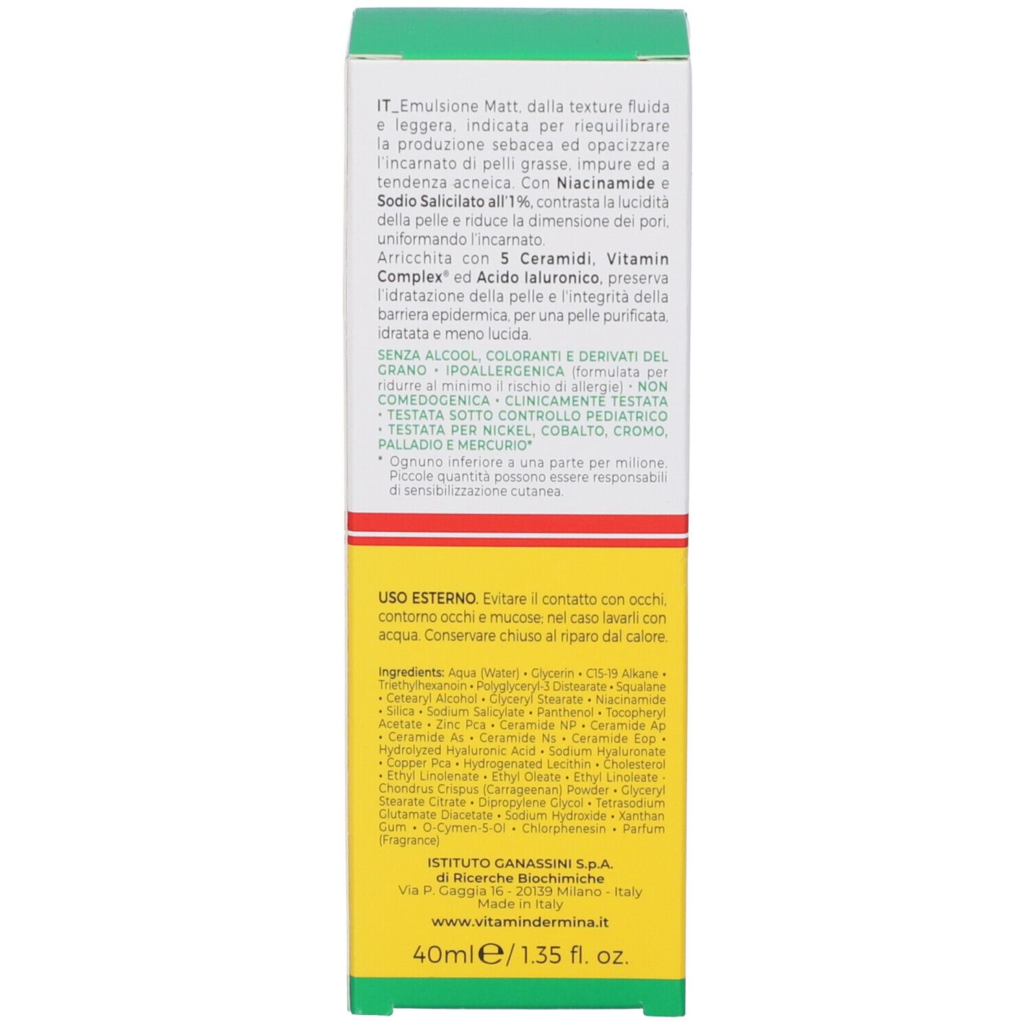 Retro della confezione del prodotto. Testo in italiano. Contiene informazioni sul prodotto e sugli ingredienti.