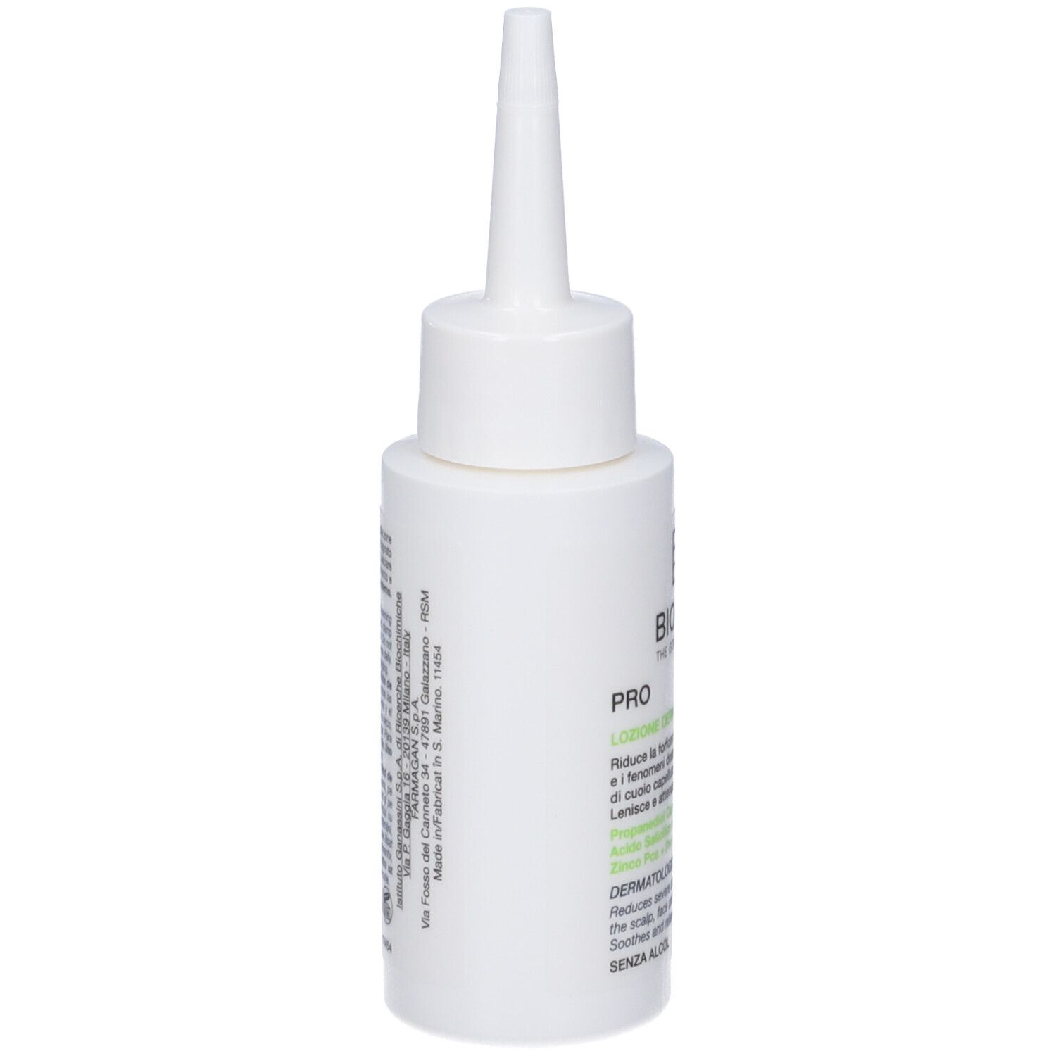 Flacone bianco con applicatore a punta. Scritta: Bioclin Pro, Dermatological DS Lotion. Retro con testo e informazioni del produttore.