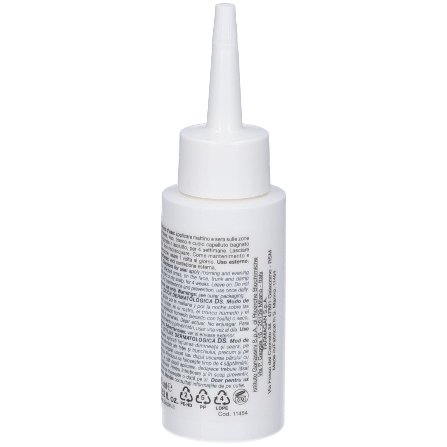 Flacone bianco con applicatore a punta. Scritta: Bioclin Pro, Dermatological DS Lotion. Retro con testo e simboli di riciclaggio.