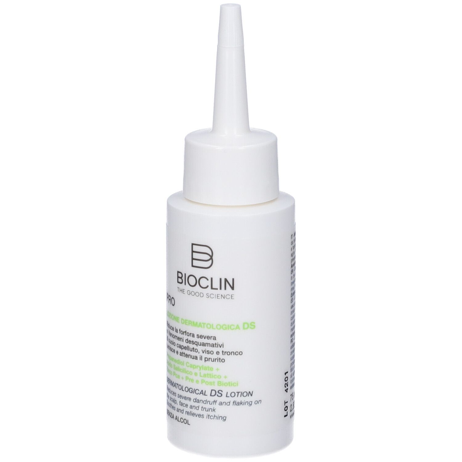 Flacone bianco con applicatore a punta. Scritta: Bioclin Pro, Dermatological DS Lotion. Etichetta con informazioni sul prodotto.
