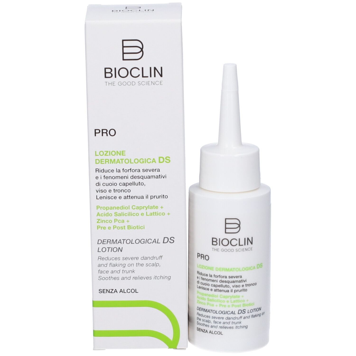 Flacone e confezione del prodotto. Scritta: Bioclin Pro, Dermatological DS Lotion. Riduce la forfora e allevia il prurito.