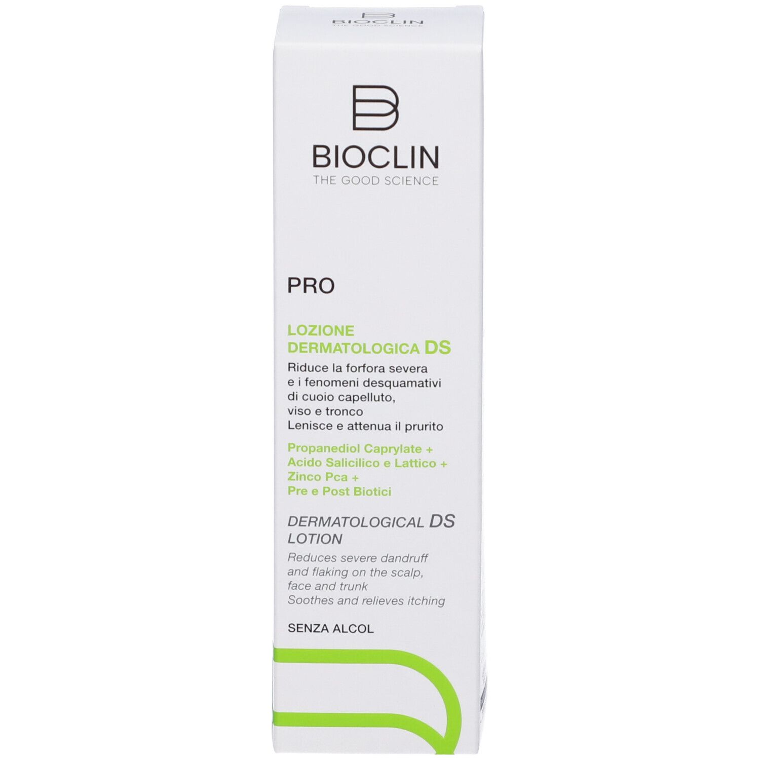 Confezione del prodotto. Scritta: Bioclin Pro, Dermatological DS Lotion. Riduce la forfora e allevia il prurito.