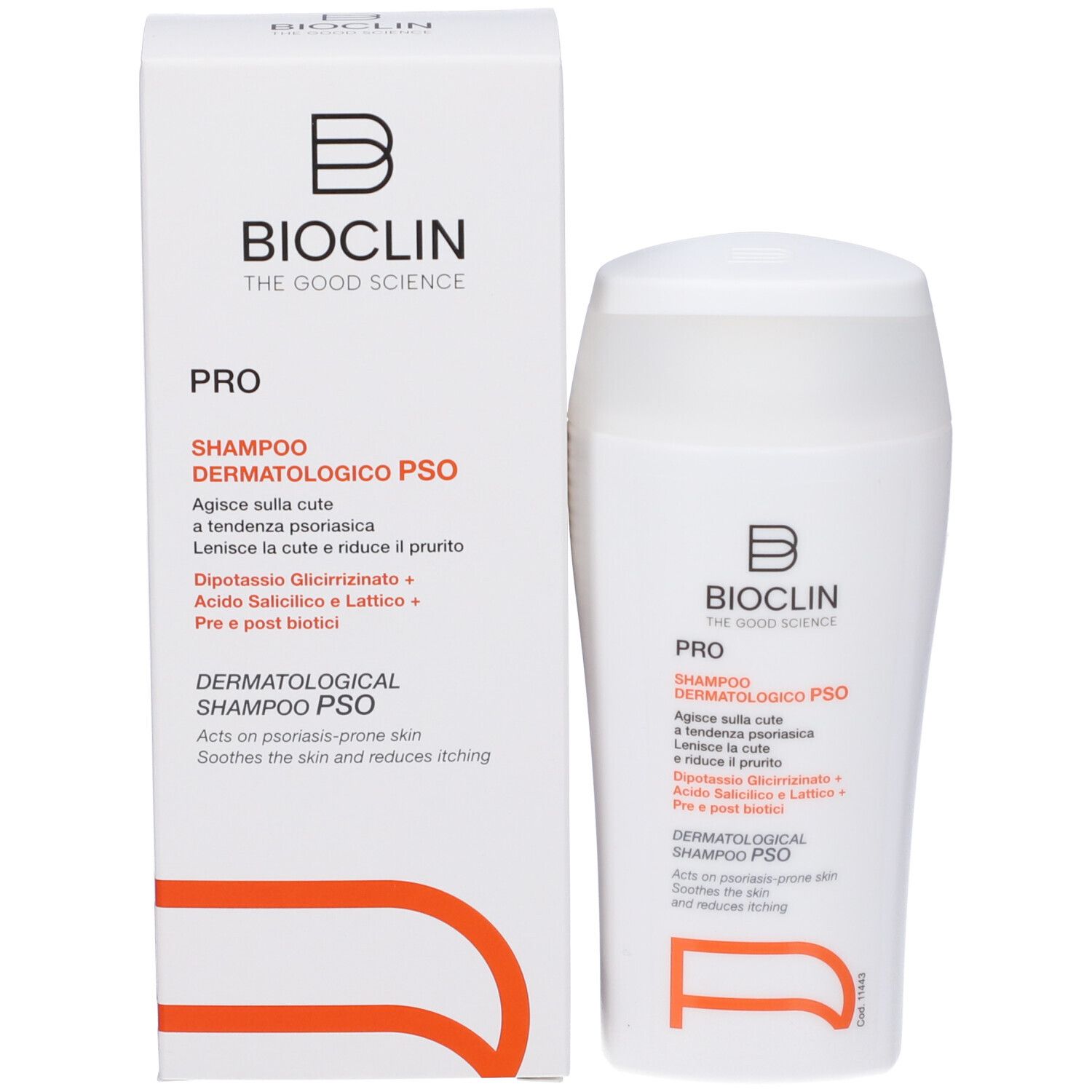 Bioclin Pro Shampoo Dermatologico PSO e confezione. Bianco con testo e logo. Flacone di shampoo accanto.
