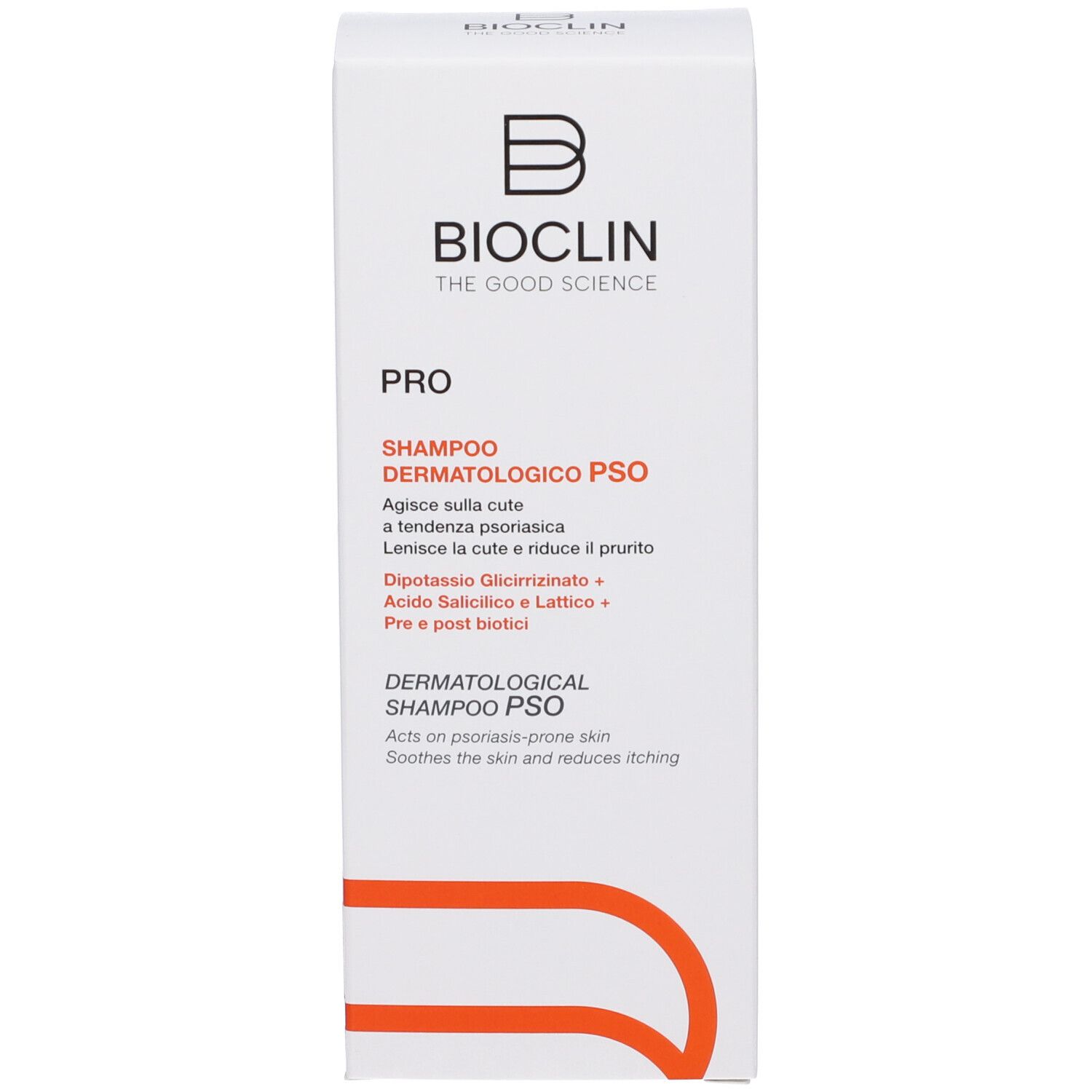 Confezione bianca per Bioclin Pro Shampoo Dermatologico PSO. Testo e logo. Nome del prodotto e ingredienti.