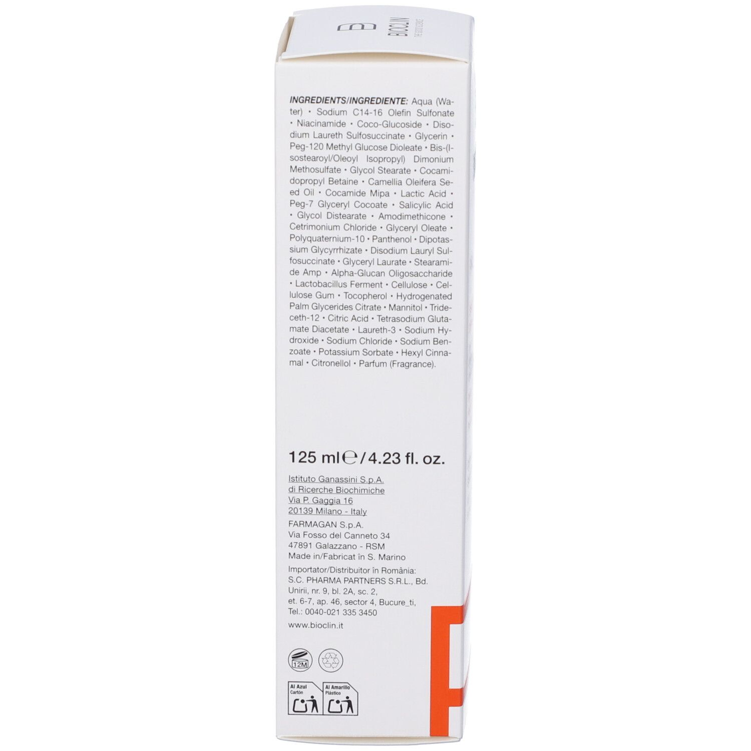 Retro della confezione bianca. Contiene ingredienti e indicazione del volume: 125 ml/4.23 fl. oz.