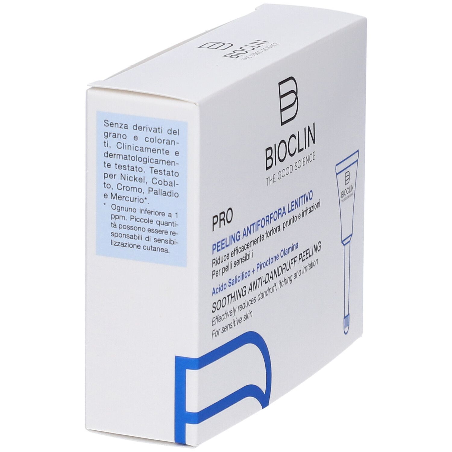 Scatola bianca, informazioni sul prodotto. Testo: Bioclin, Pro, Peeling Antiforfora Lenitivo. Accenti blu.