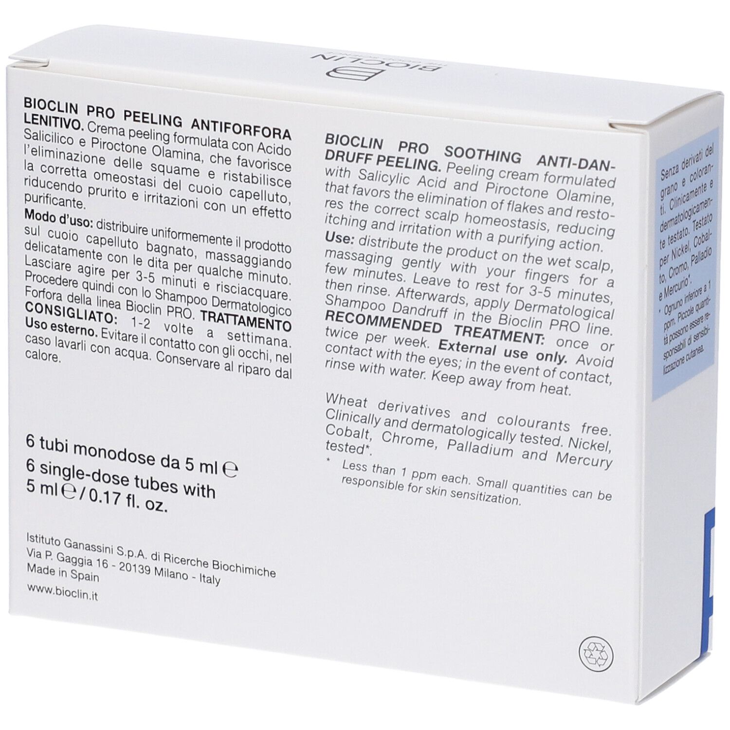 Scatola bianca con informazioni sul prodotto. Testo: Bioclin Pro Peeling Antiforfora Lenitivo. 6 tubi.
