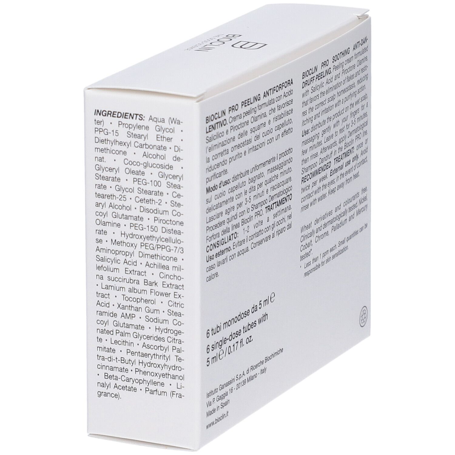 Scatola bianca con informazioni sul prodotto e ingredienti. Testo: Bioclin Pro Peeling Antiforfora Lenitivo.
