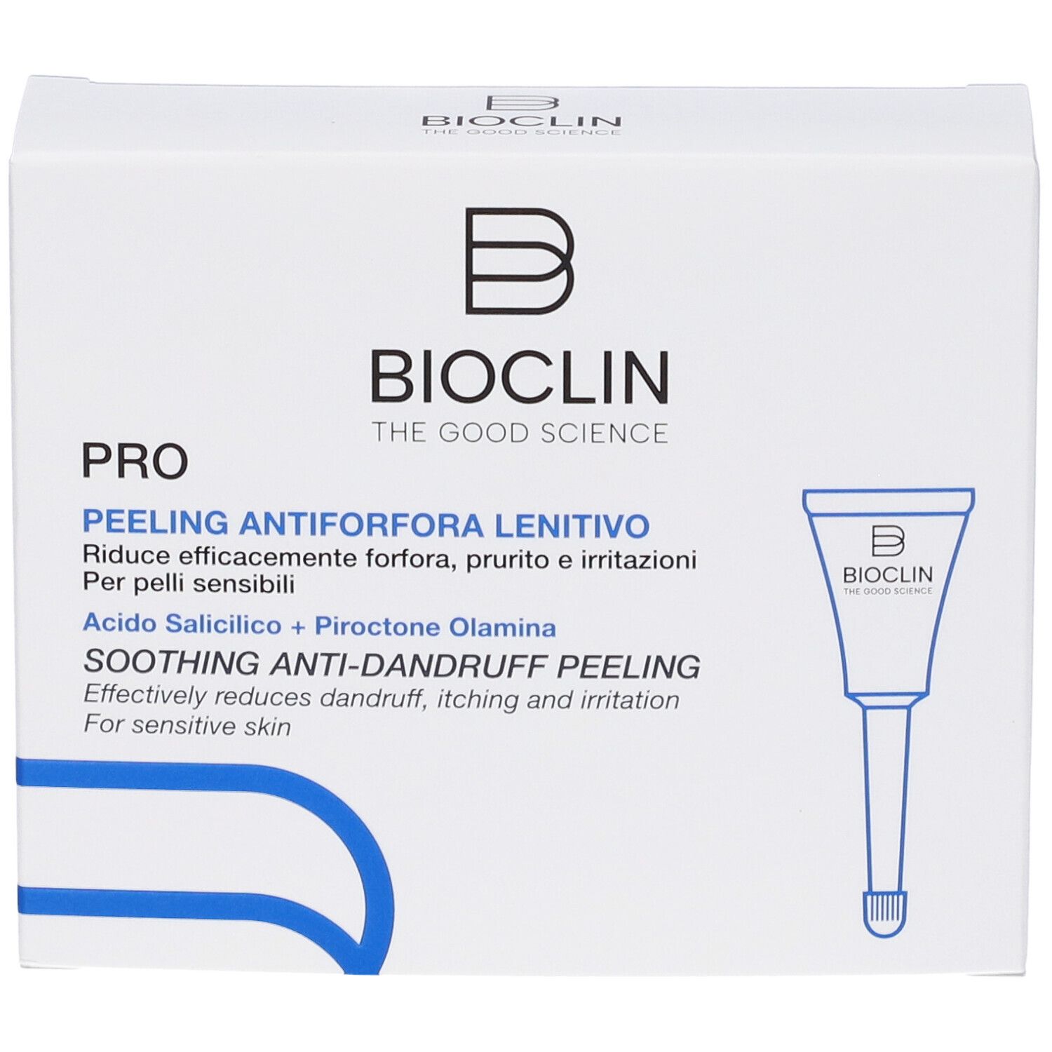 Scatola bianca con informazioni sul prodotto. Testo: Bioclin, Pro, Peeling Antiforfora Lenitivo. Accenti blu.