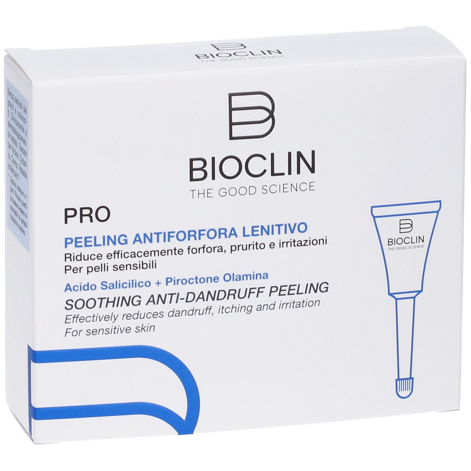 Scatola bianca con informazioni sul prodotto. Testo: Bioclin, Pro, Peeling Antiforfora Lenitivo. Accenti blu.