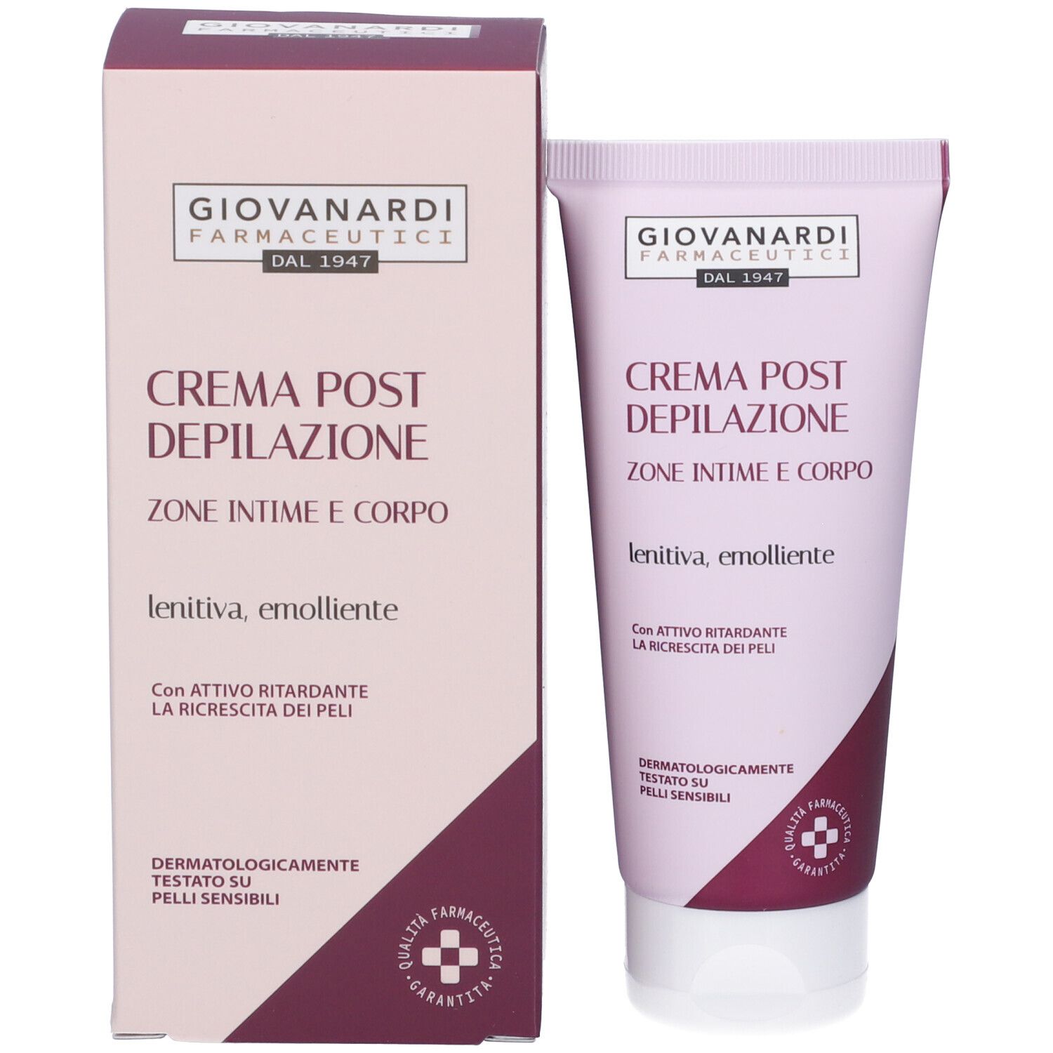 Confezione del prodotto con tubo. Scatola e tubo rosa e bianco. Scritta: Giovanardi Farmaceutici, Crema Post Depilazione. Testo: lenitiva, emolliente.