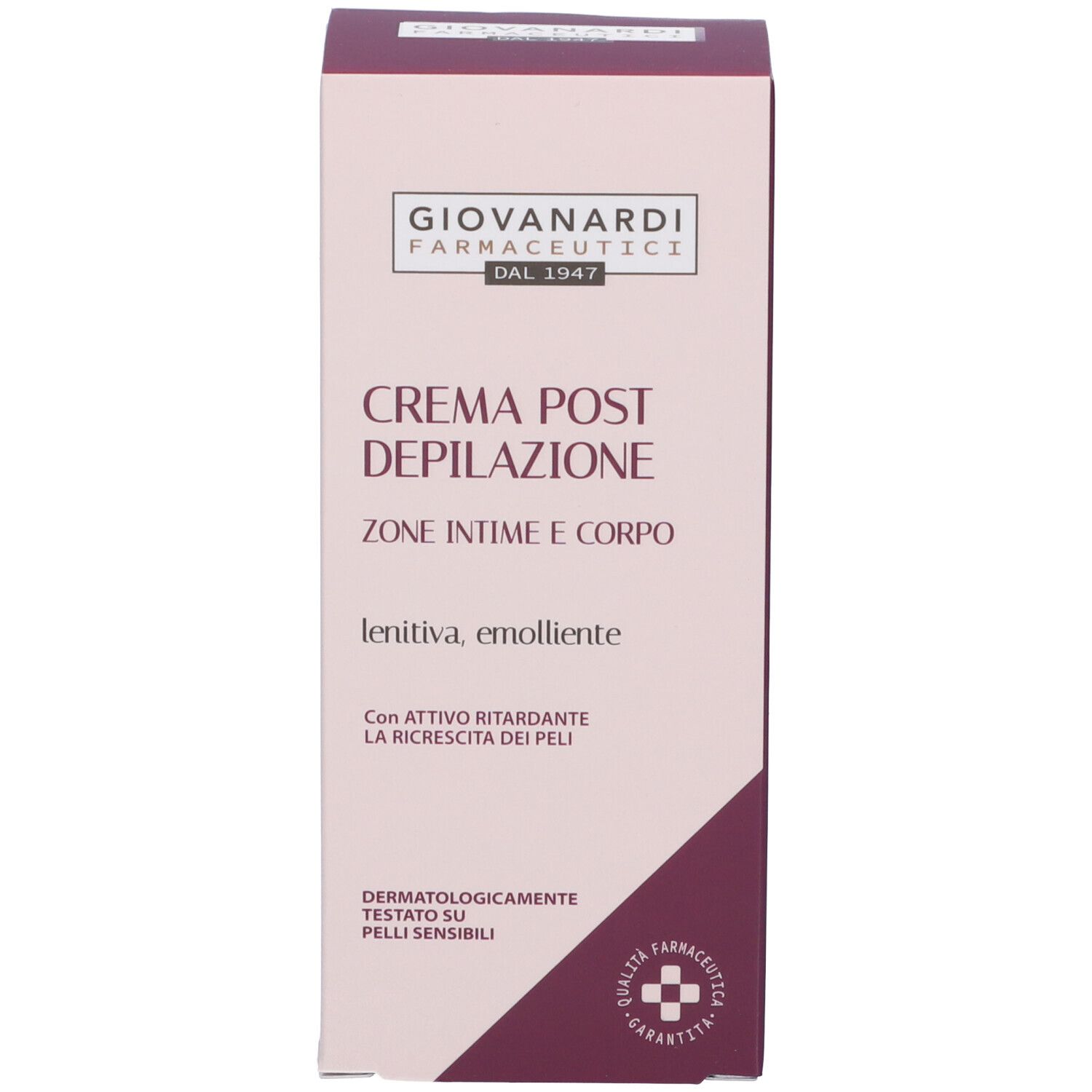 Confezione del prodotto rosa e bianca. Scritta: Giovanardi Farmaceutici, Crema Post Depilazione. Testo: lenitiva, emolliente. Con logo e marchio di qualità.