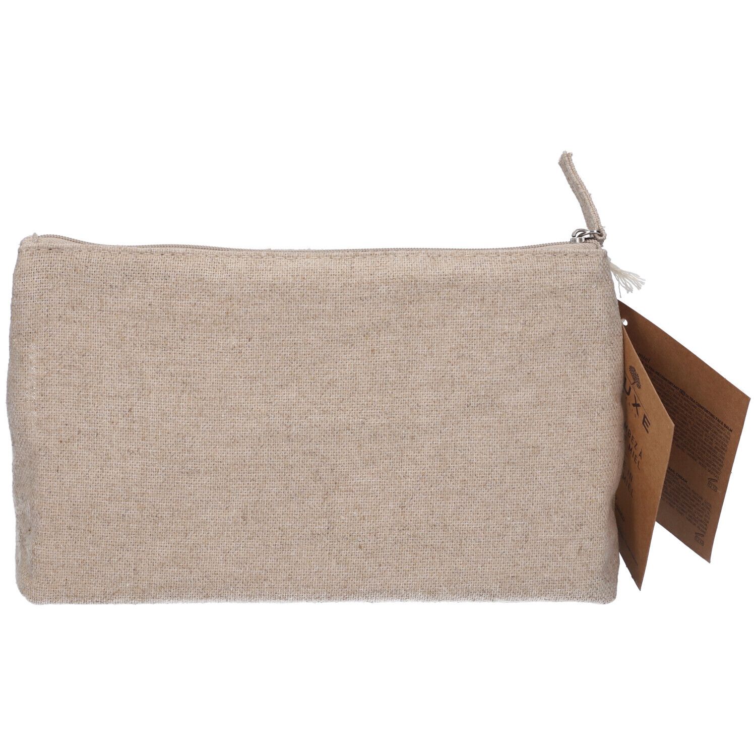 Pochette beige in tessuto con cerniera. Etichetta informativa allegata.