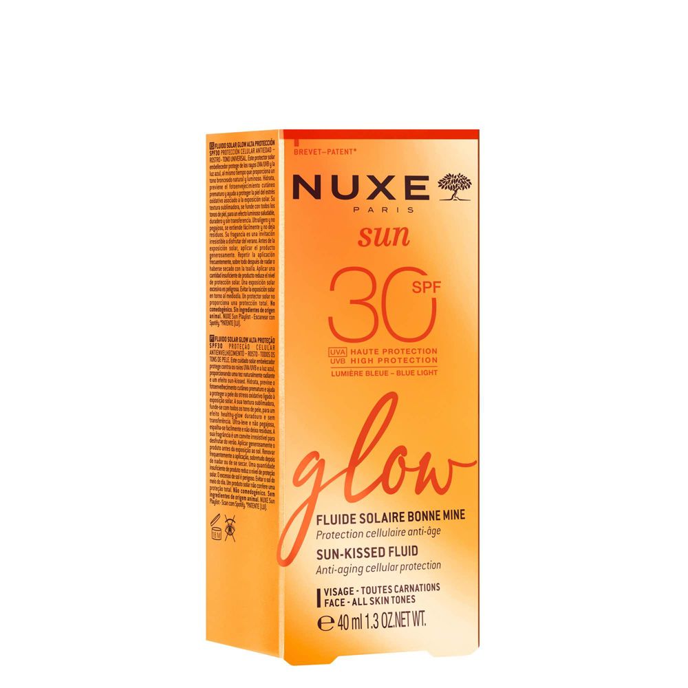 Scatola arancione Nuxe Sun, SPF 30, Glow. Prodotto per il viso. 40 ml.
