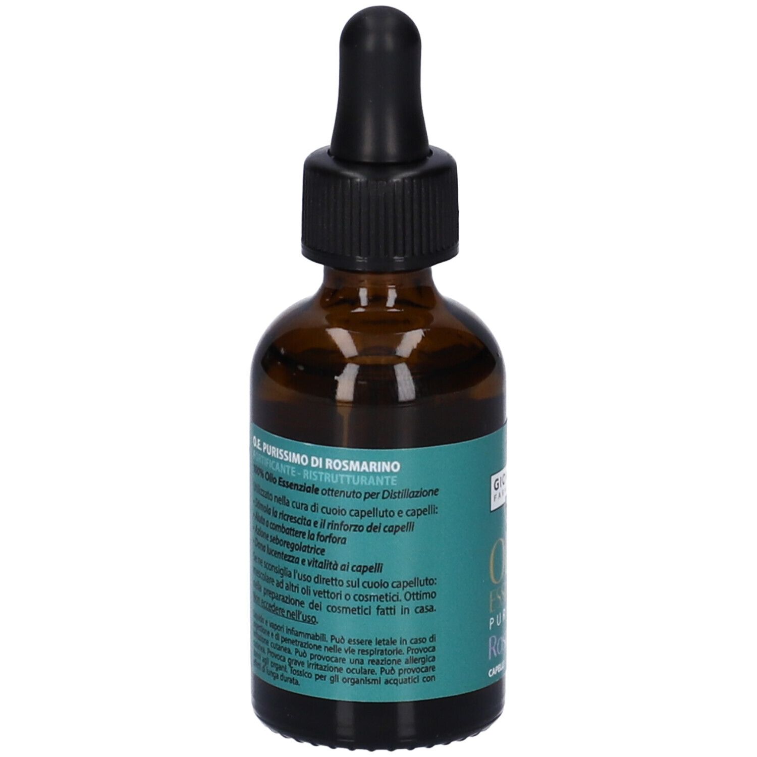 Flacone di vetro marrone con contagocce nero. Etichetta verde e bianca con testo. Vista dettagliata delle informazioni sul prodotto.