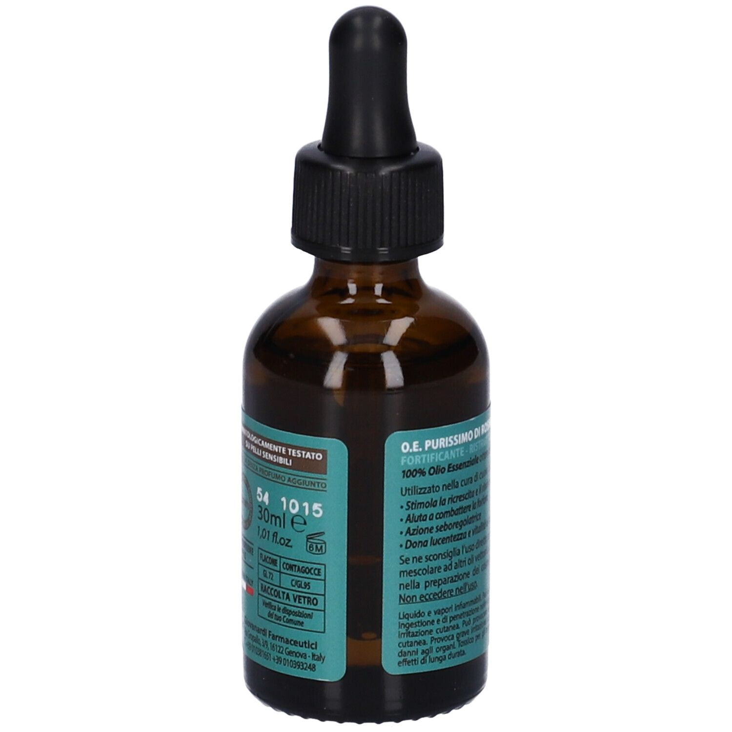 Flacone di vetro marrone con contagocce nero. Etichetta verde e bianca con testo. Vista dettagliata delle informazioni sul prodotto.