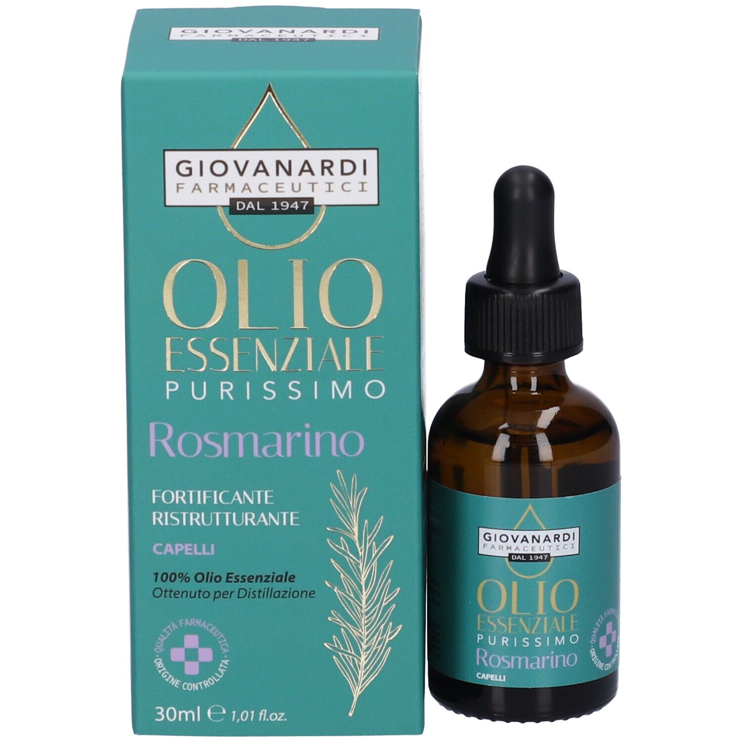 Flacone e confezione del prodotto. Flacone marrone con contagocce nero. Confezione verde con nome e logo del prodotto.