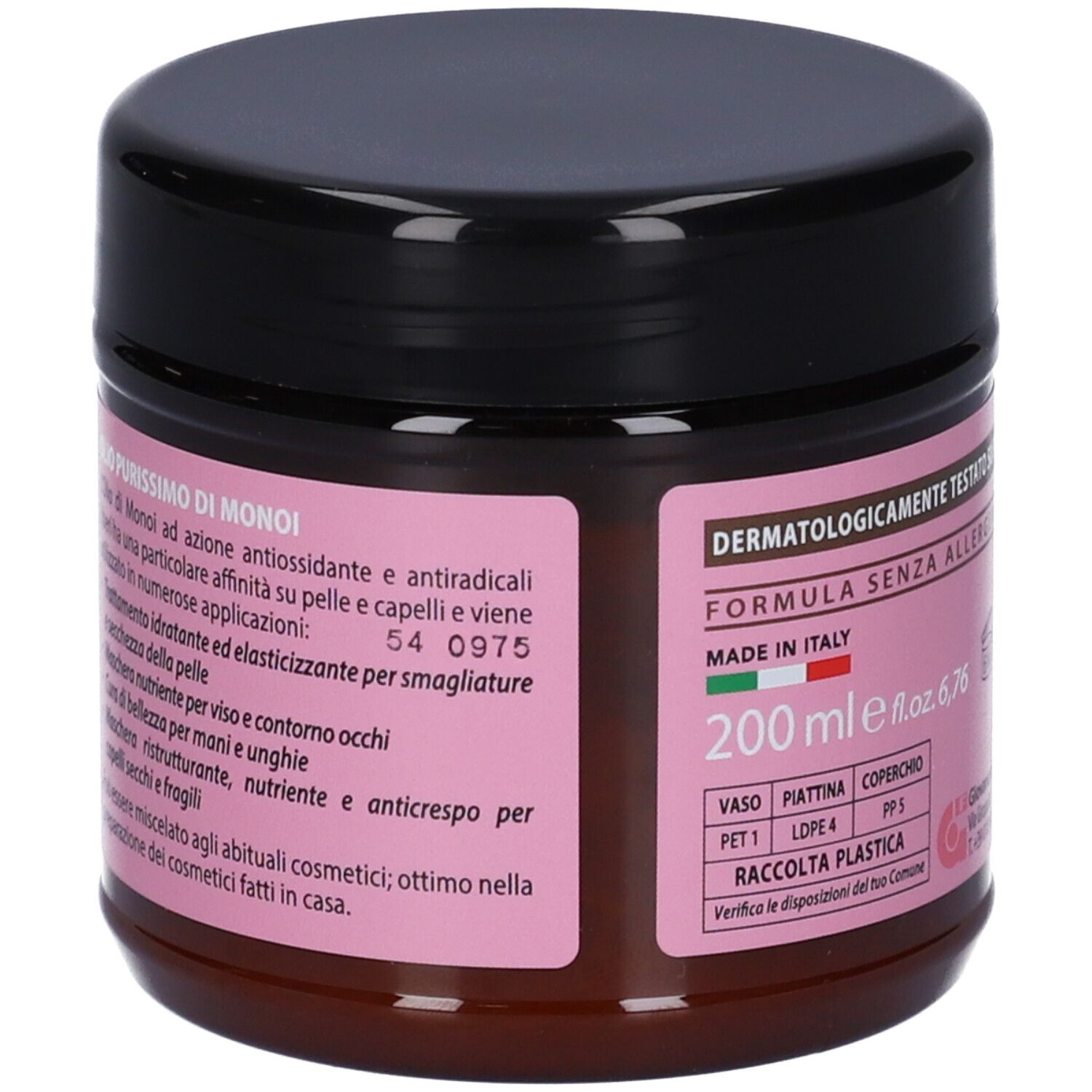 Barattolo rotondo con coperchio nero. Etichetta rosa con testo: Dermatologicamente testato, 200 ml, Made in Italy, OLIOPurissimo di Monoi.
