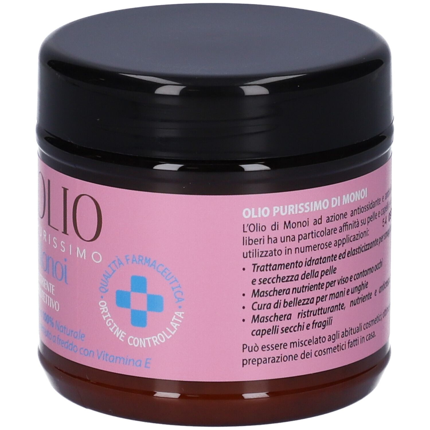 Barattolo rotondo con coperchio nero. Etichetta rosa con testo: OLIOPurissimo Monoi, Qualità Farmaceutica Controllata.