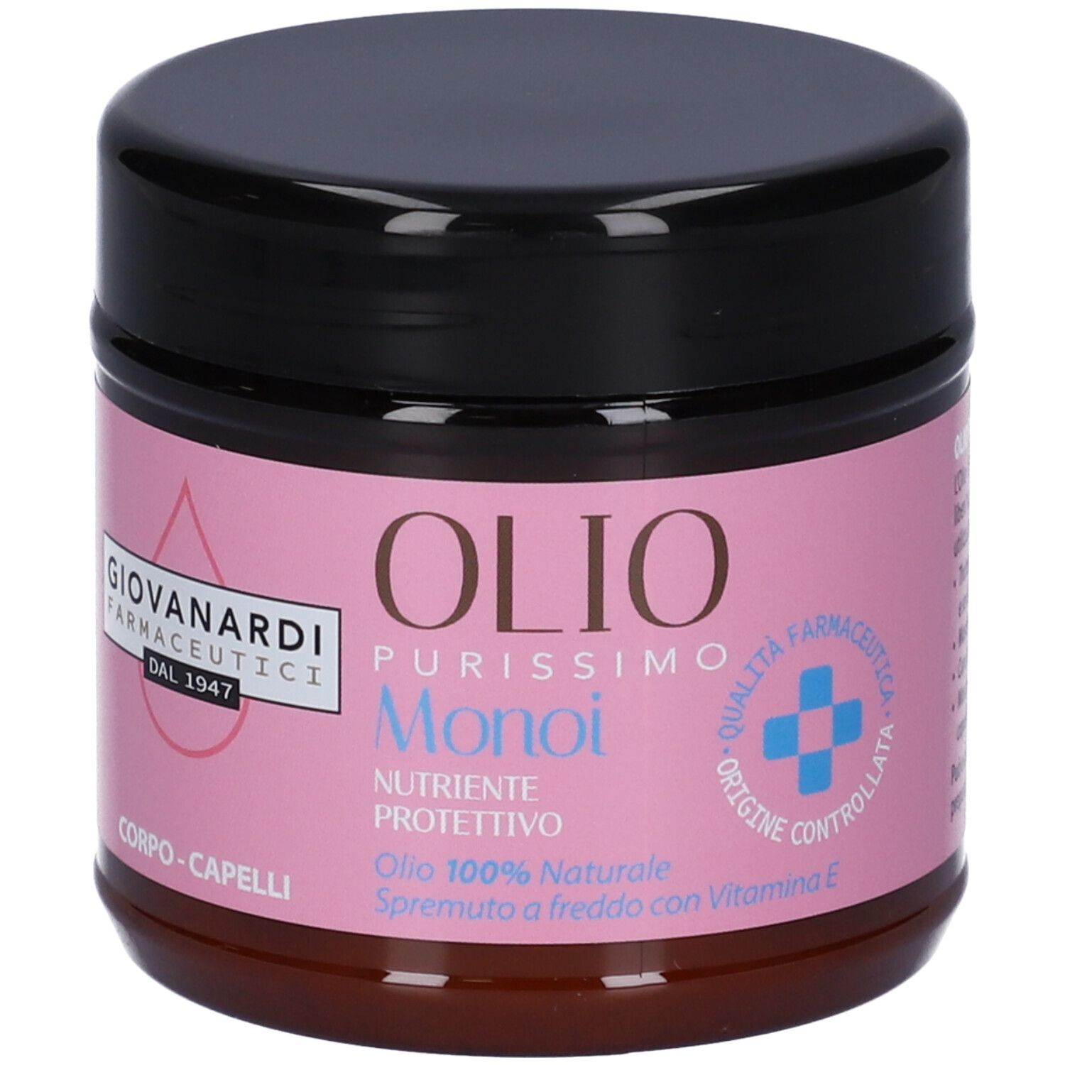 Barattolo rotondo con coperchio nero. Etichetta rosa con nome e logo. Testo: OLIOPurissimo Monoi, Corpo-Capelli, 100% Naturale.
