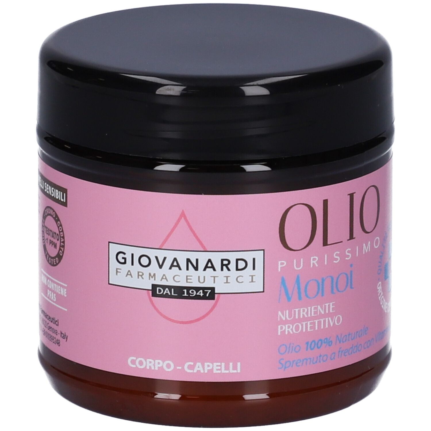 Barattolo rotondo con coperchio nero. Etichetta rosa con nome e logo. Testo: OLIOPurissimo Monoi, Corpo-Capelli, Dermatologicamente testato.