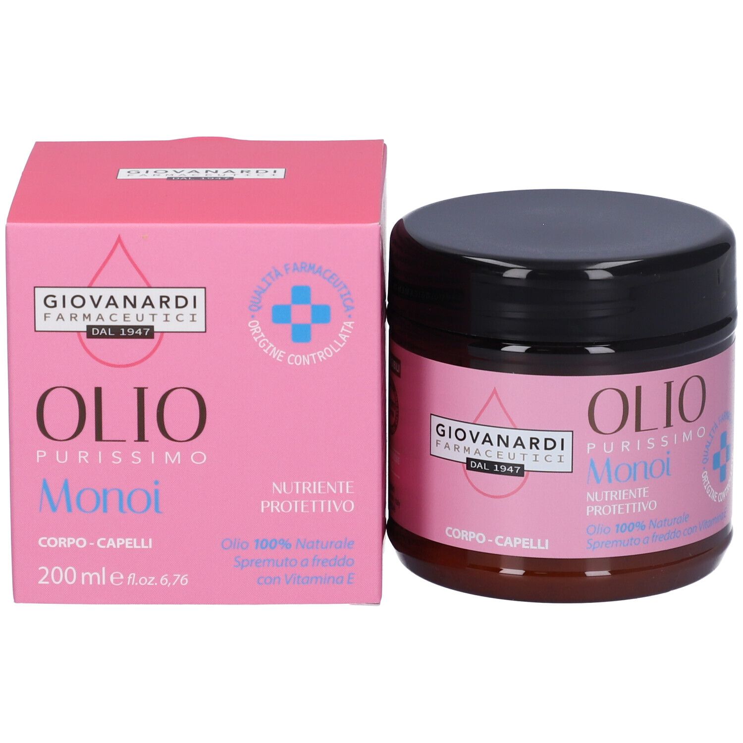 Confezione del prodotto: barattolo e scatola. Barattolo con coperchio nero, etichetta rosa. Scatola rosa con logo e testo: OLIOPurissimo Monoi.