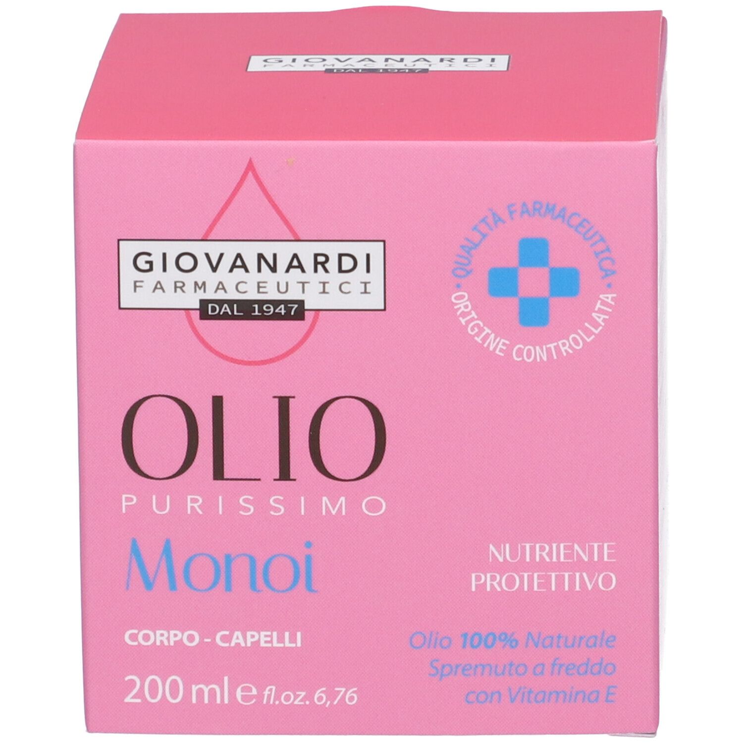 Scatola rosa con logo e testo: OLIOPurissimo Monoi, Corpo-Capelli, 200 ml. Qualità Farmaceutica Controllata.