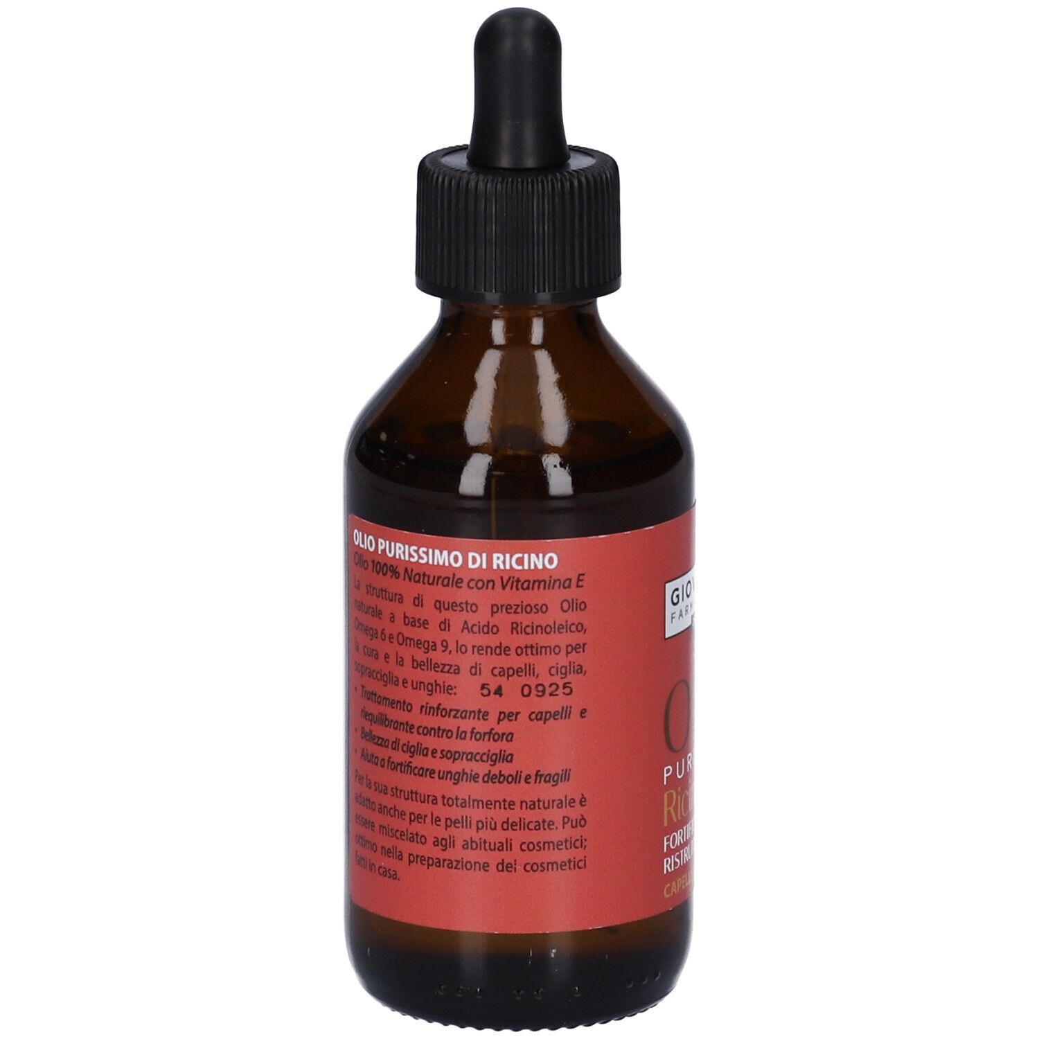 Flacone di vetro marrone con tappo nero e contagocce. Etichetta rossa con testo. Nome del prodotto e logo.