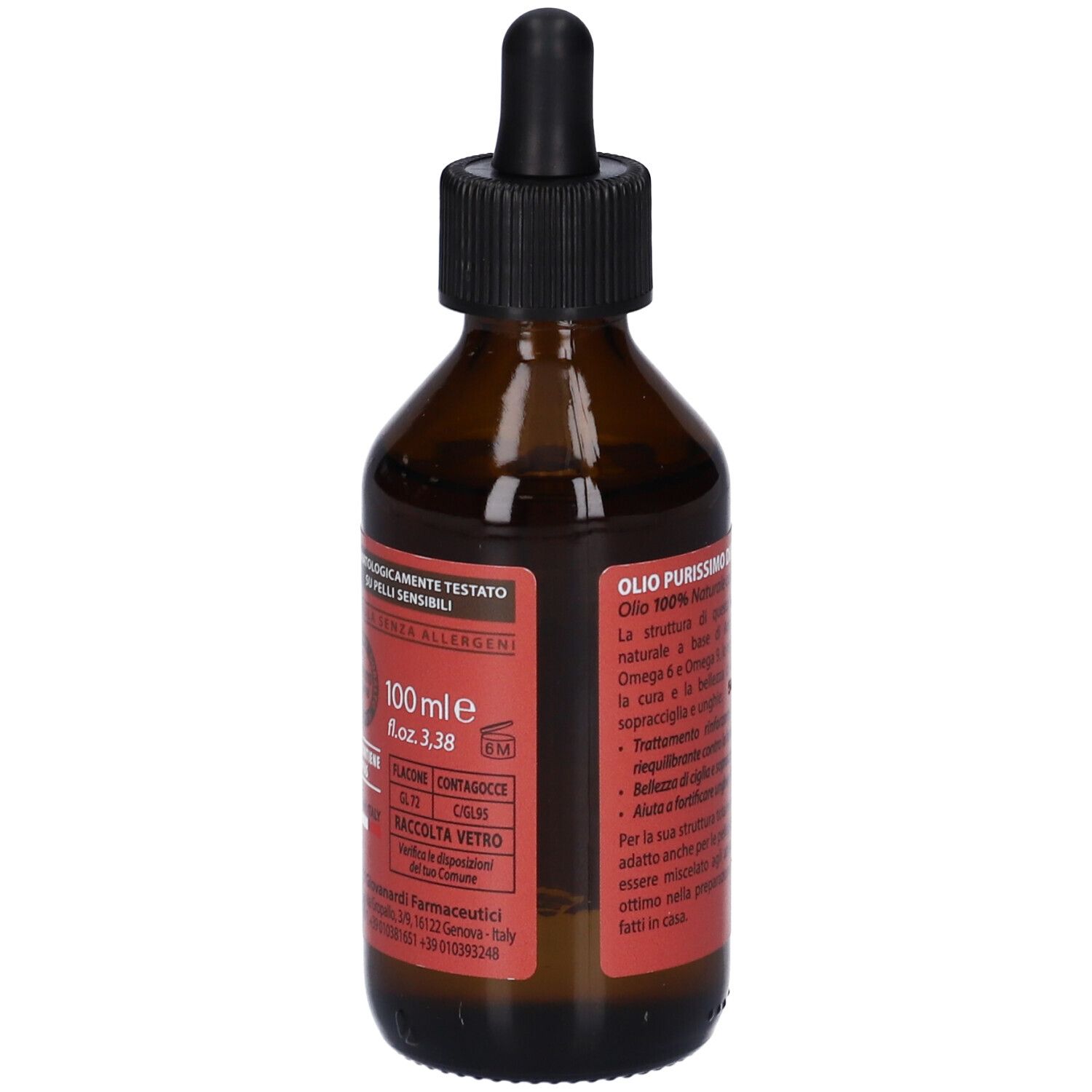 Flacone di vetro marrone con tappo nero e contagocce. Etichetta rossa con testo e logo. 100 ml.