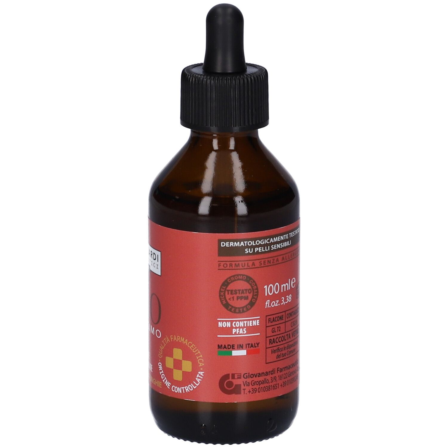 Flacone di vetro marrone con tappo nero e contagocce. Etichetta rossa con testo e logo. 100 ml.