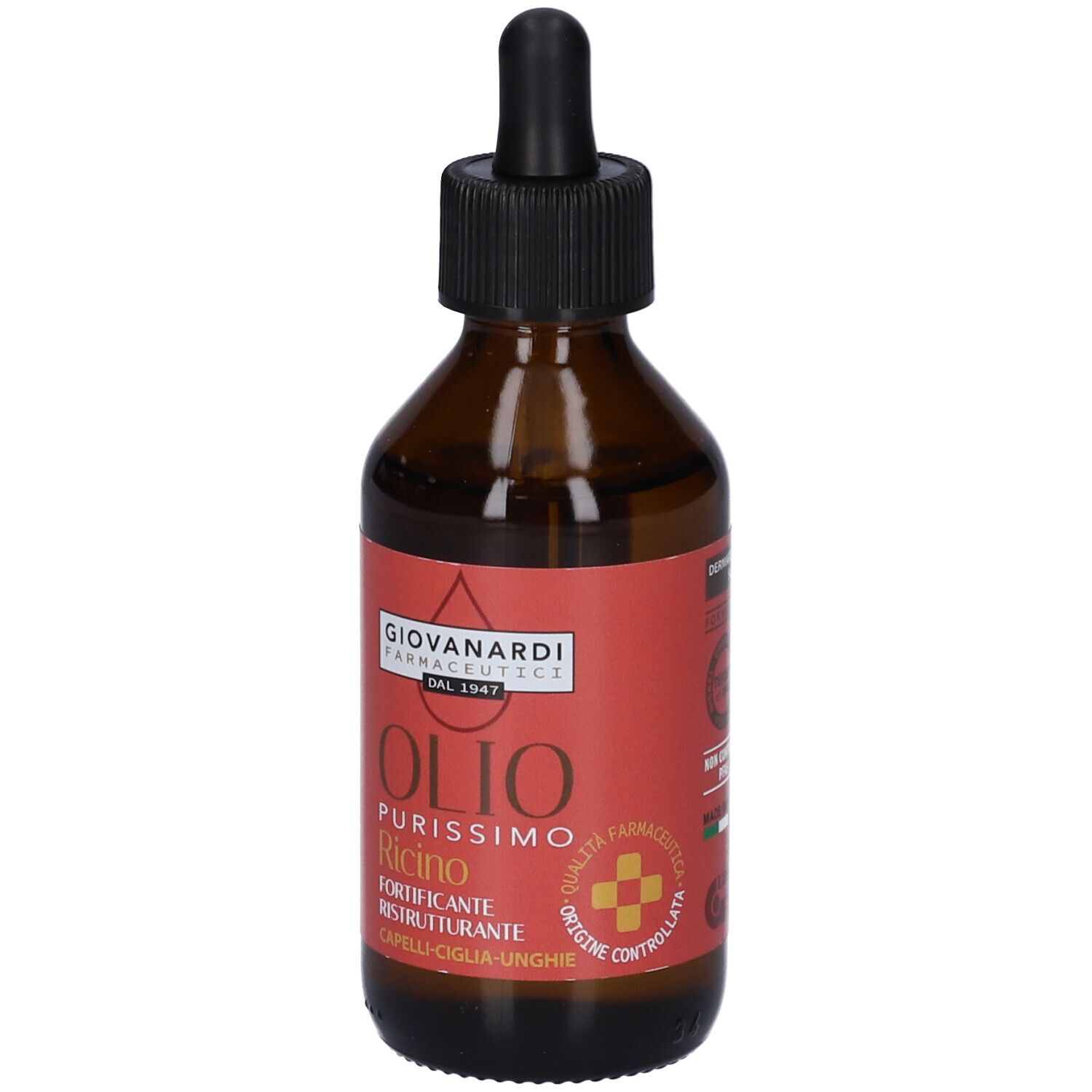 Flacone di vetro marrone con tappo nero e contagocce. Etichetta rossa con nome del prodotto e logo.